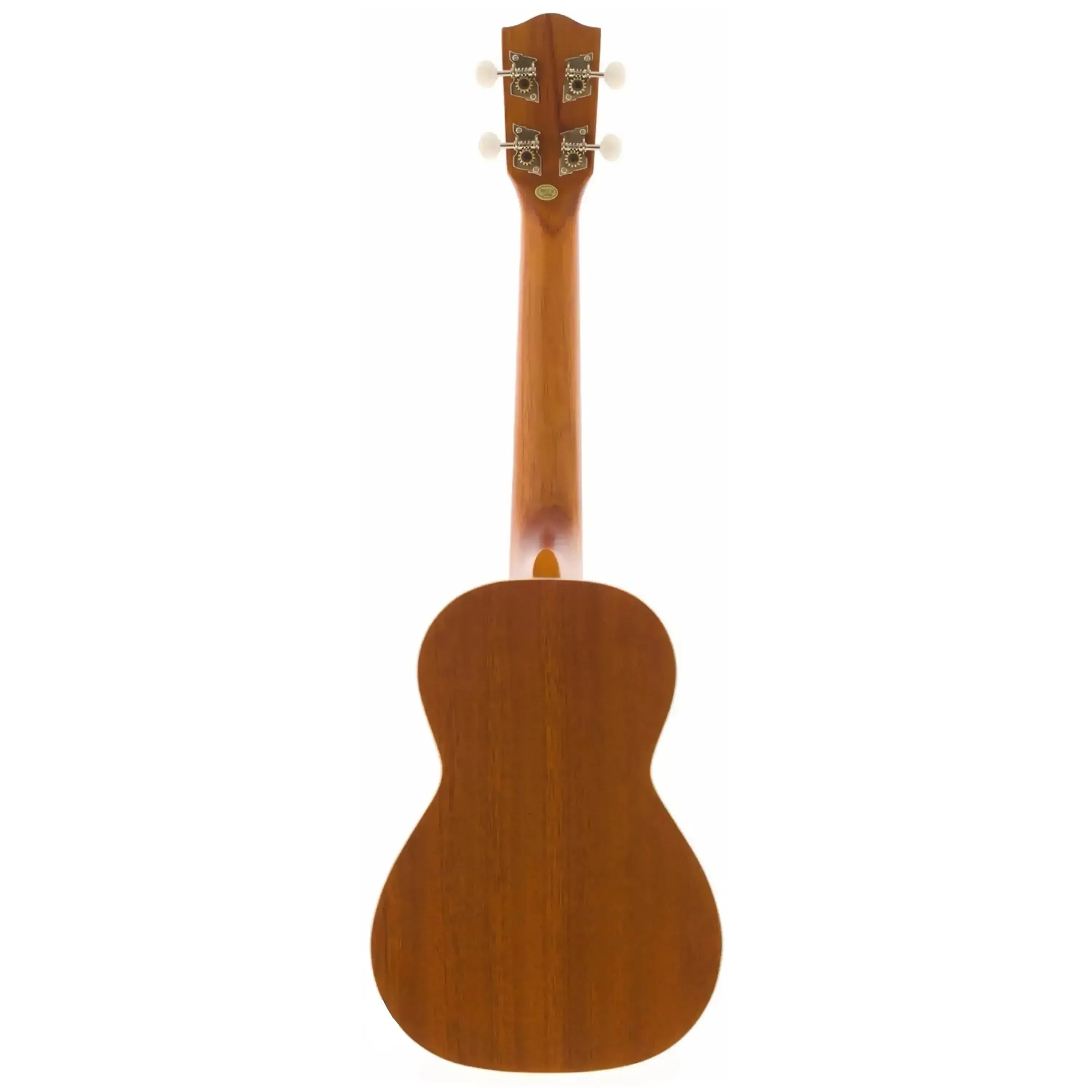 Back of an Ohana CK-22 Concert Ukulele with a mahogany laminate body and neck, showing Grover tuners.