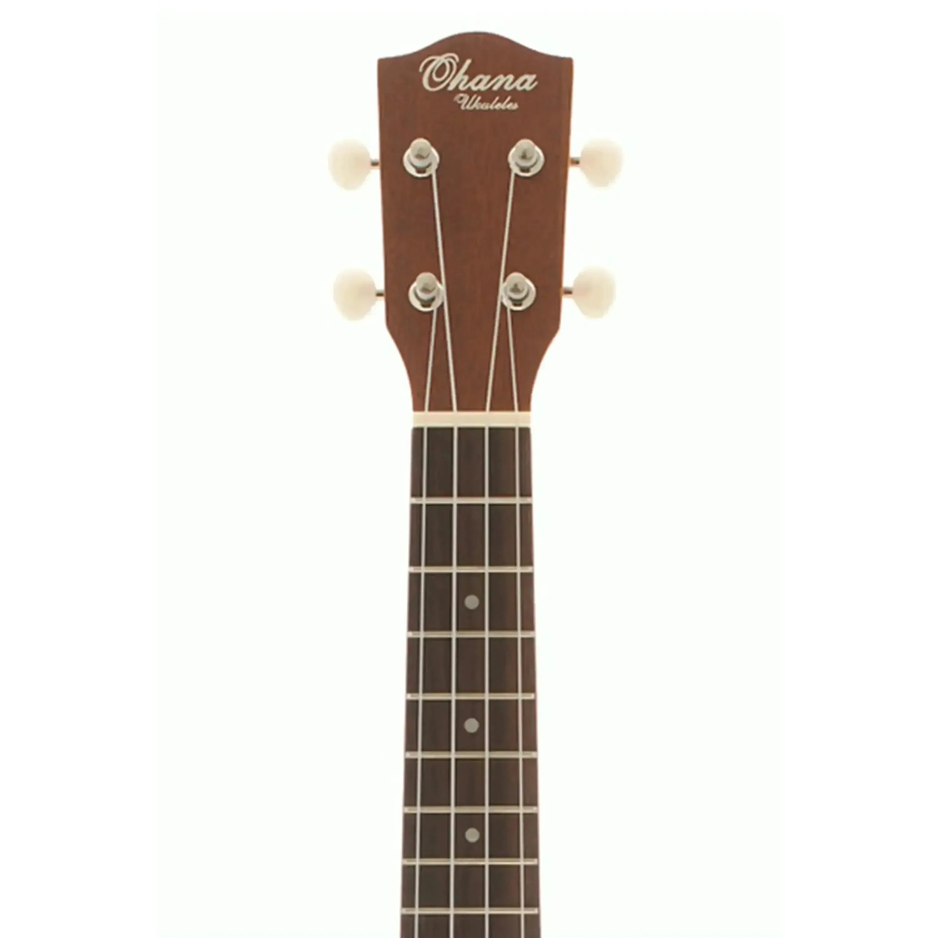 Ohana CK-22 concert ukulele headstock and fretboard with Grover tuners and pearloid dot markers.