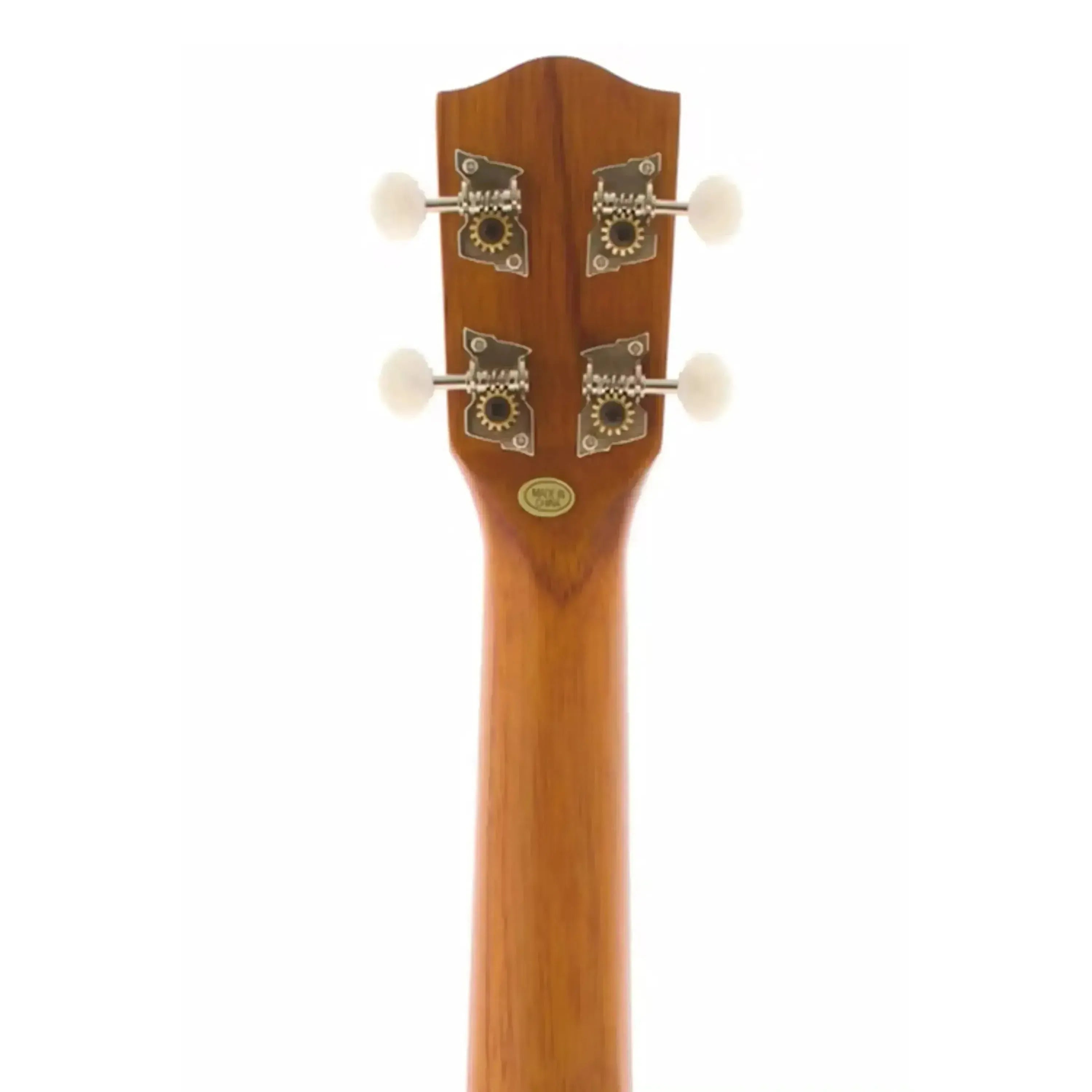Back of Ohana CK-22 Concert Ukulele headstock and neck, showing Grover chrome open-geared tuners.