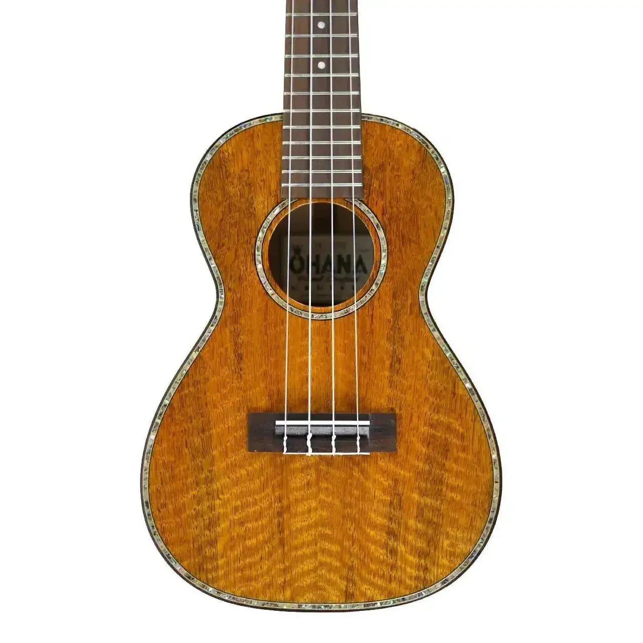 Ohana CK-220G Solid Mango Concert Ukulele, glossy finish, abalone rosette and purfling.