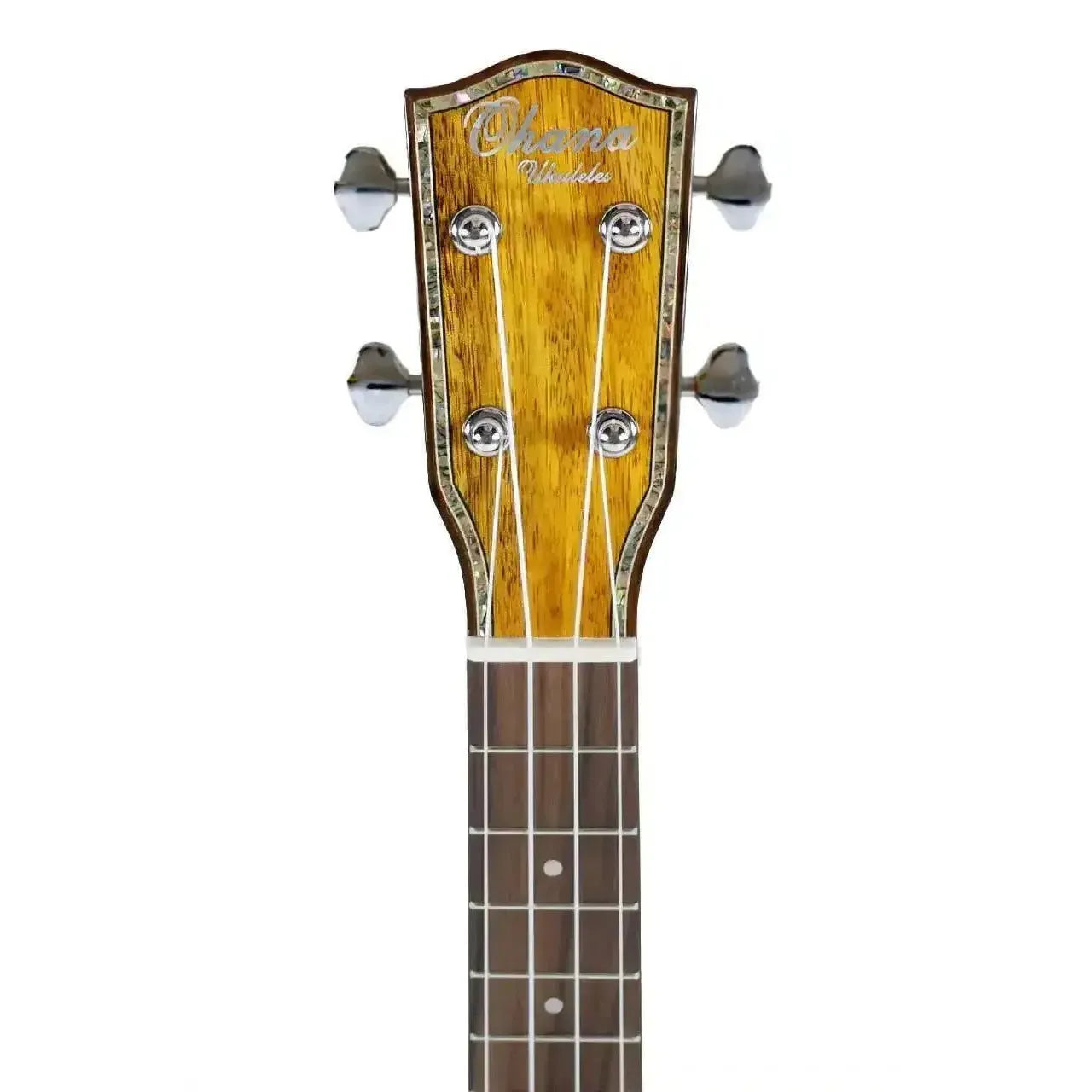 Ohana CK-220G Concert Ukulele headstock with solid mango wood, abalone purfling, and chrome tuners.