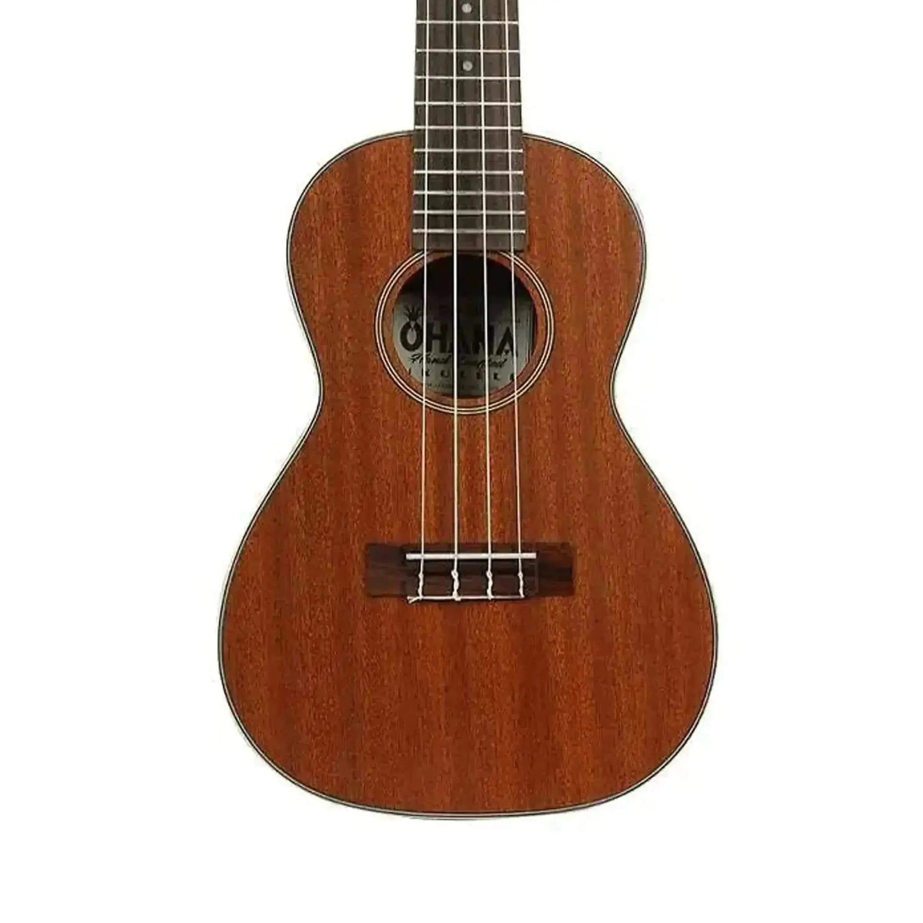 Ohana CK-25 Concert Ukulele with solid mahogany body, satin finish, and black-and-white rosette.