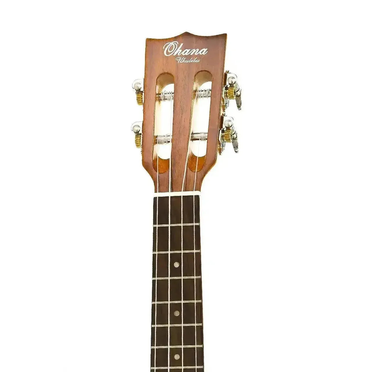 Ohana CK-250G Concert Ukulele headstock with Grover open chrome geared tuners and dark fretboard.