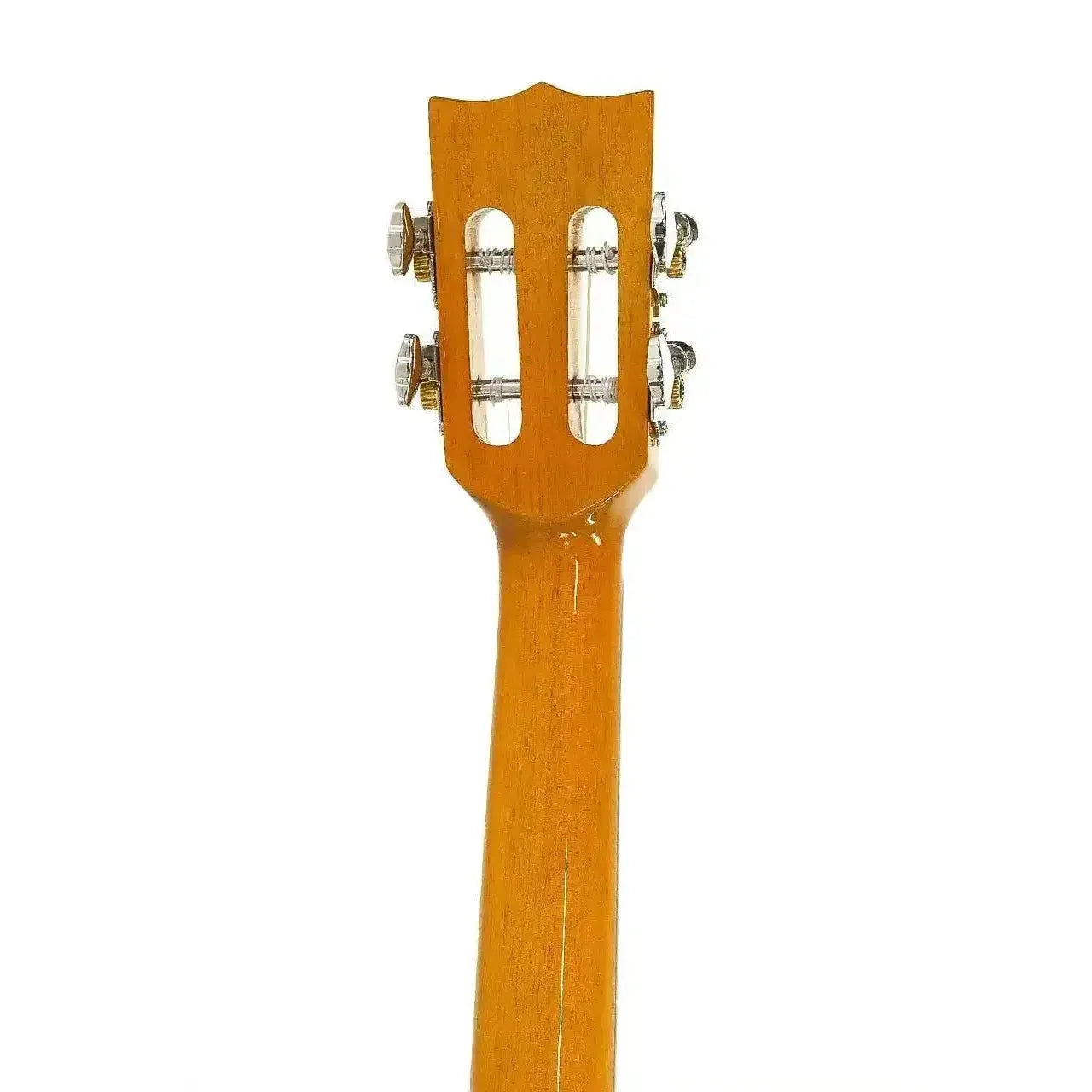 Ohana CK-250G Concert Ukulele headstock with Grover open chrome geared tuners and light brown wood.