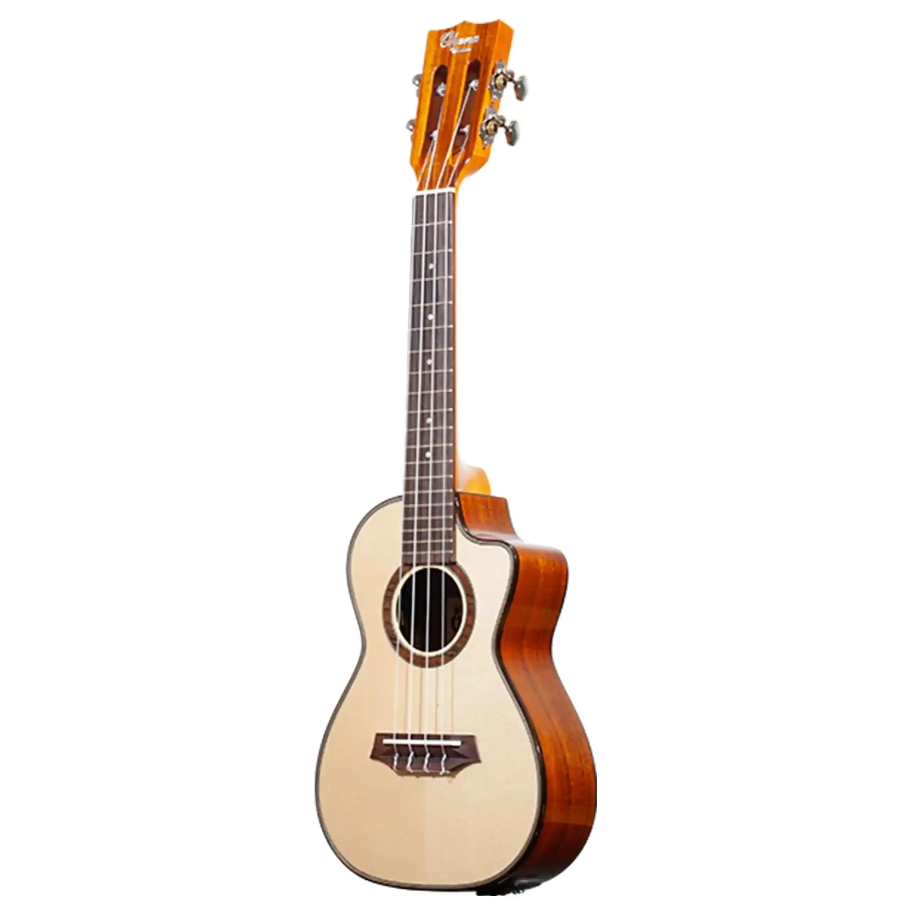 Ohana CK-250GCE concert ukulele with light spruce top, dark acacia back, cutaway, and slotted headstock.