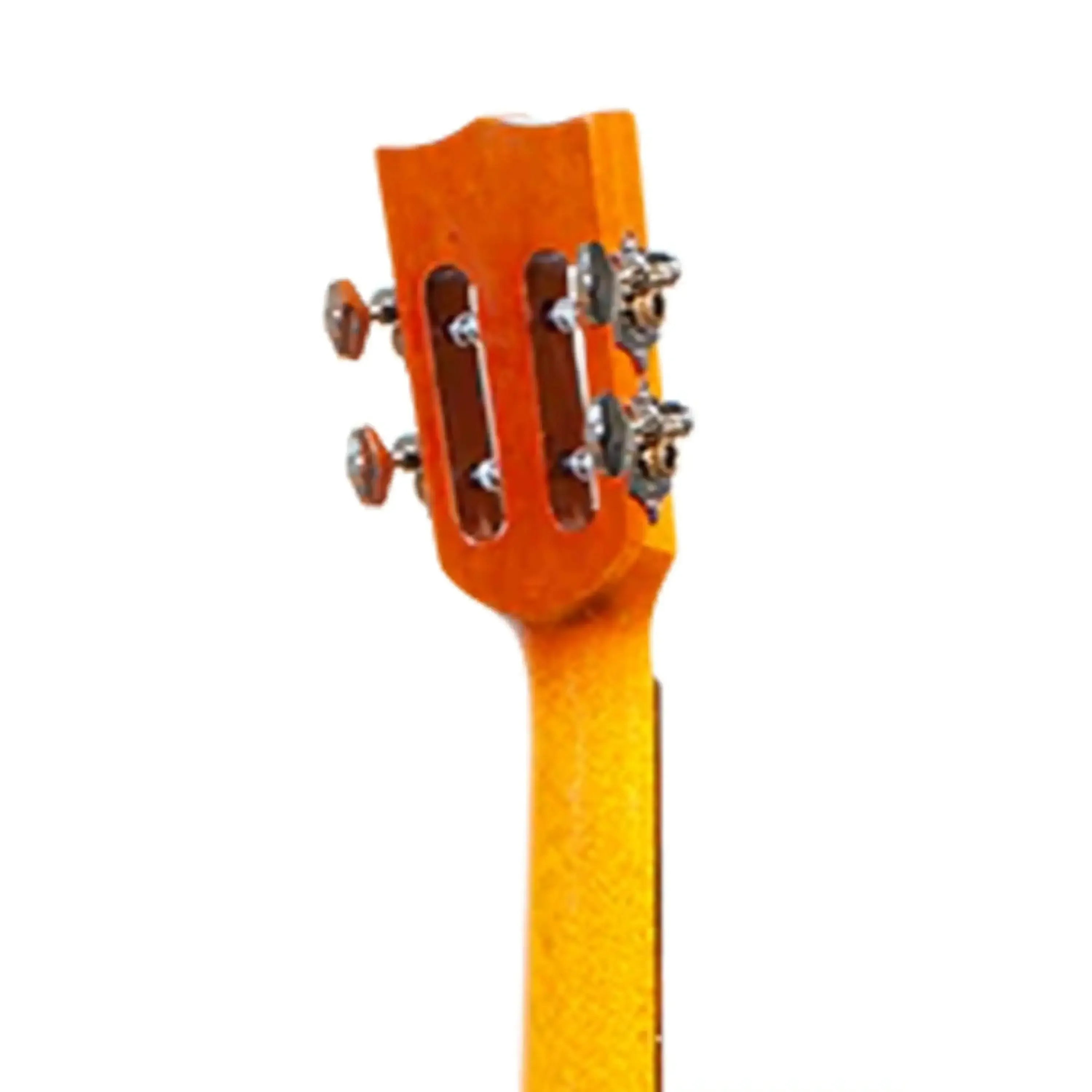 Back of Ohana CK-250GCE concert ukulele headstock with slotted design and chrome geared tuners.