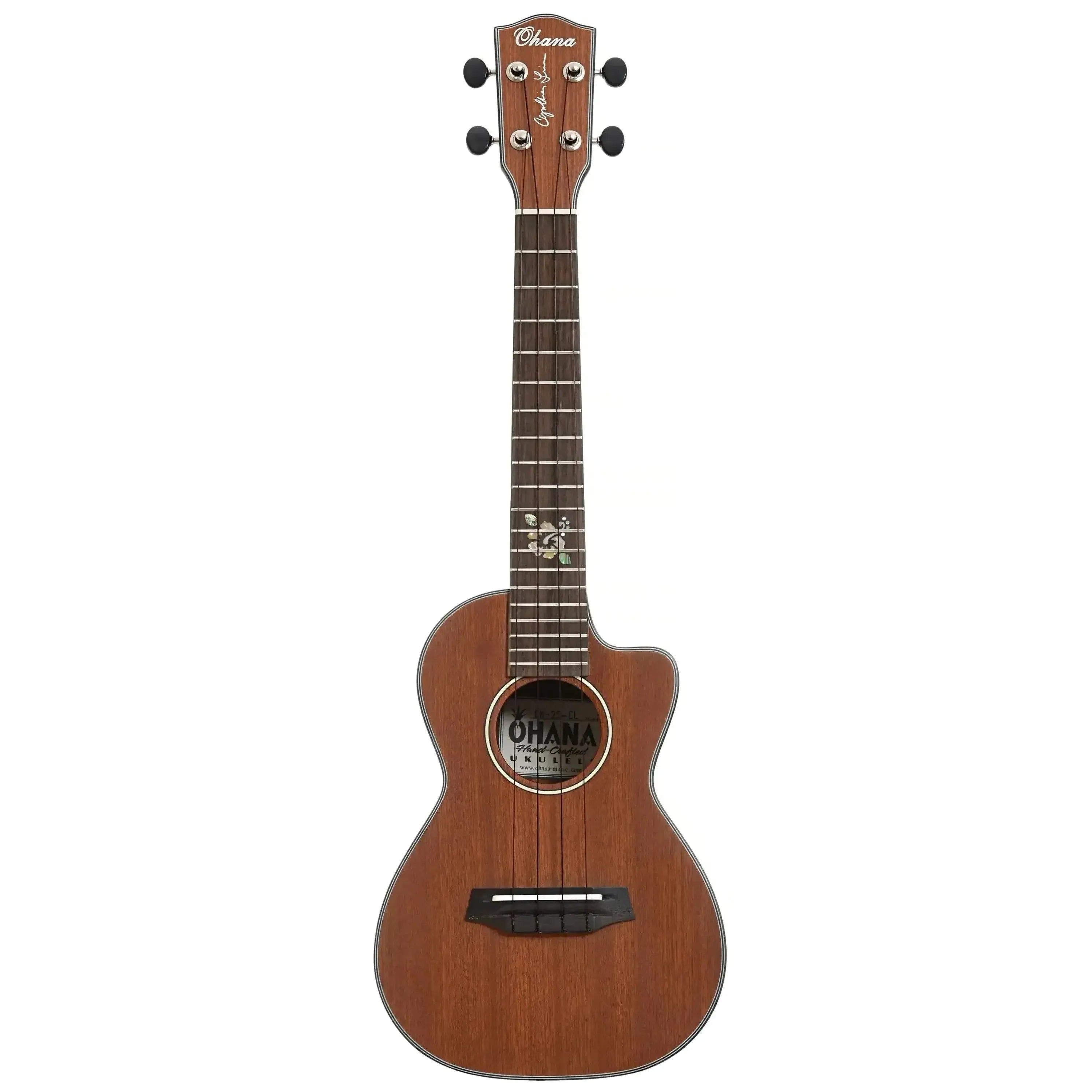 Ohana CK-25C-CL Cynthia Lin mahogany concert ukulele with floral inlay and cutaway body.