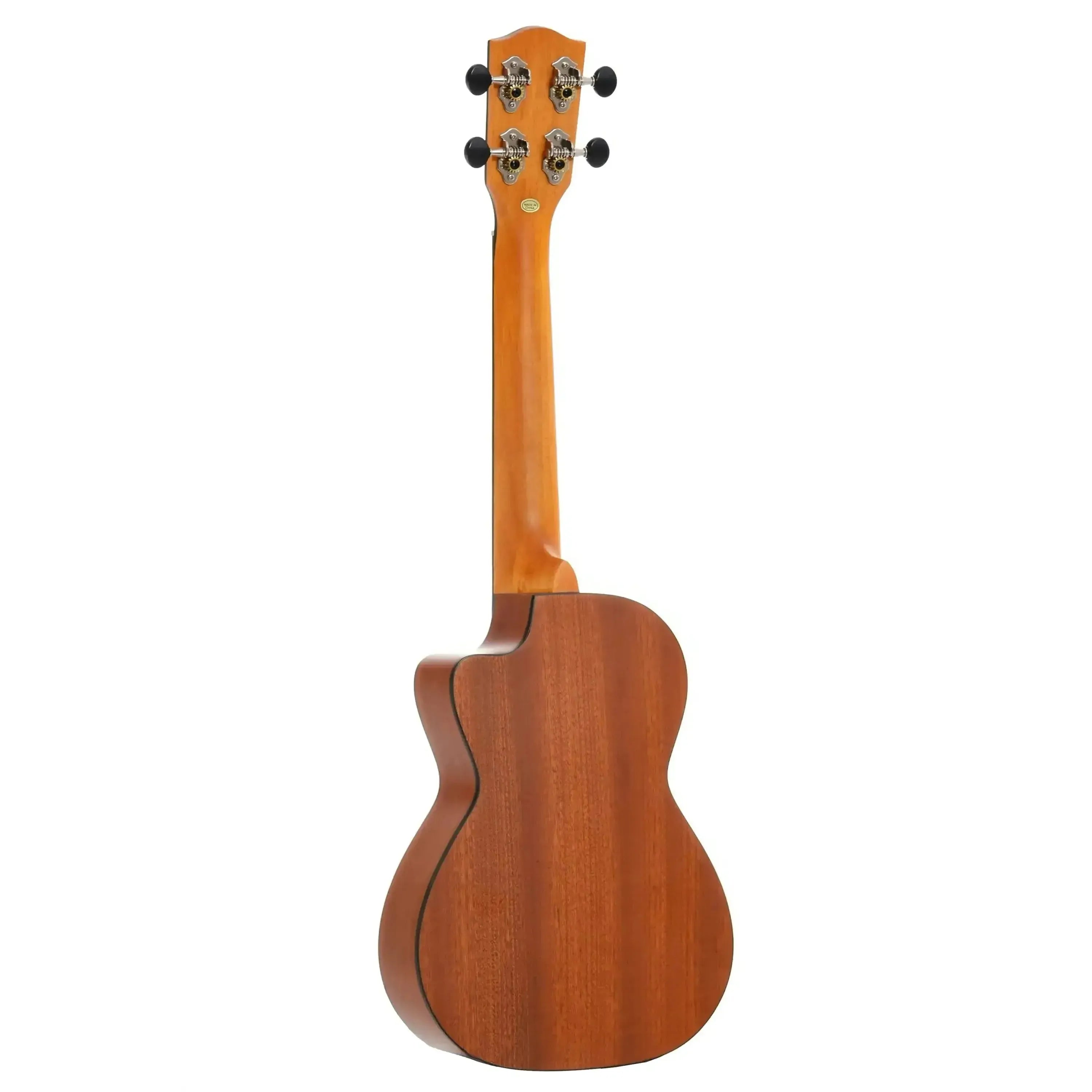 Ohana CK-25C-CL Cynthia Lin mahogany concert ukulele, back view, showing cutaway and tuners.
