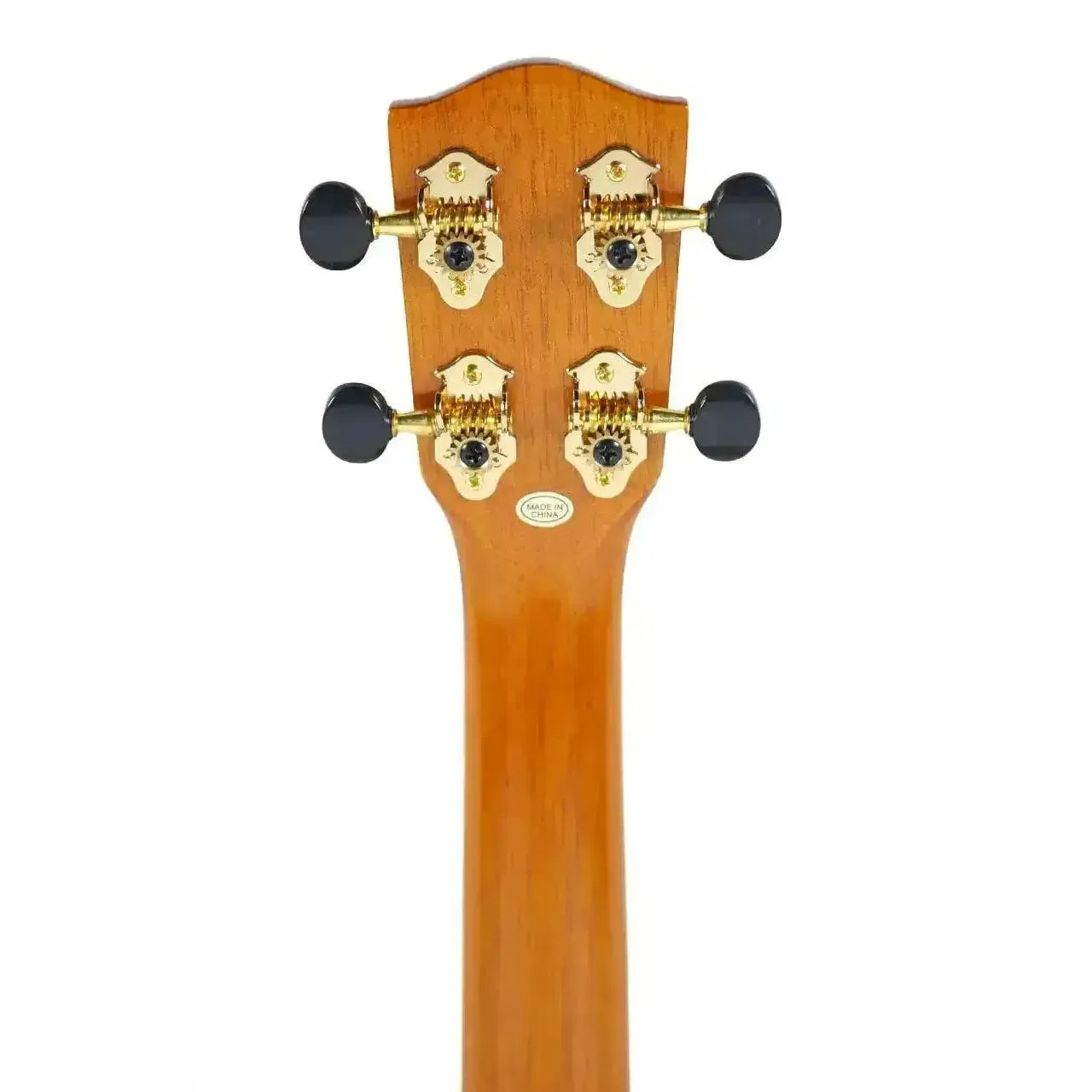 Ohana CK-260G Concert Ukulele headstock with gold Grover tuners and black buttons, light wood finish.