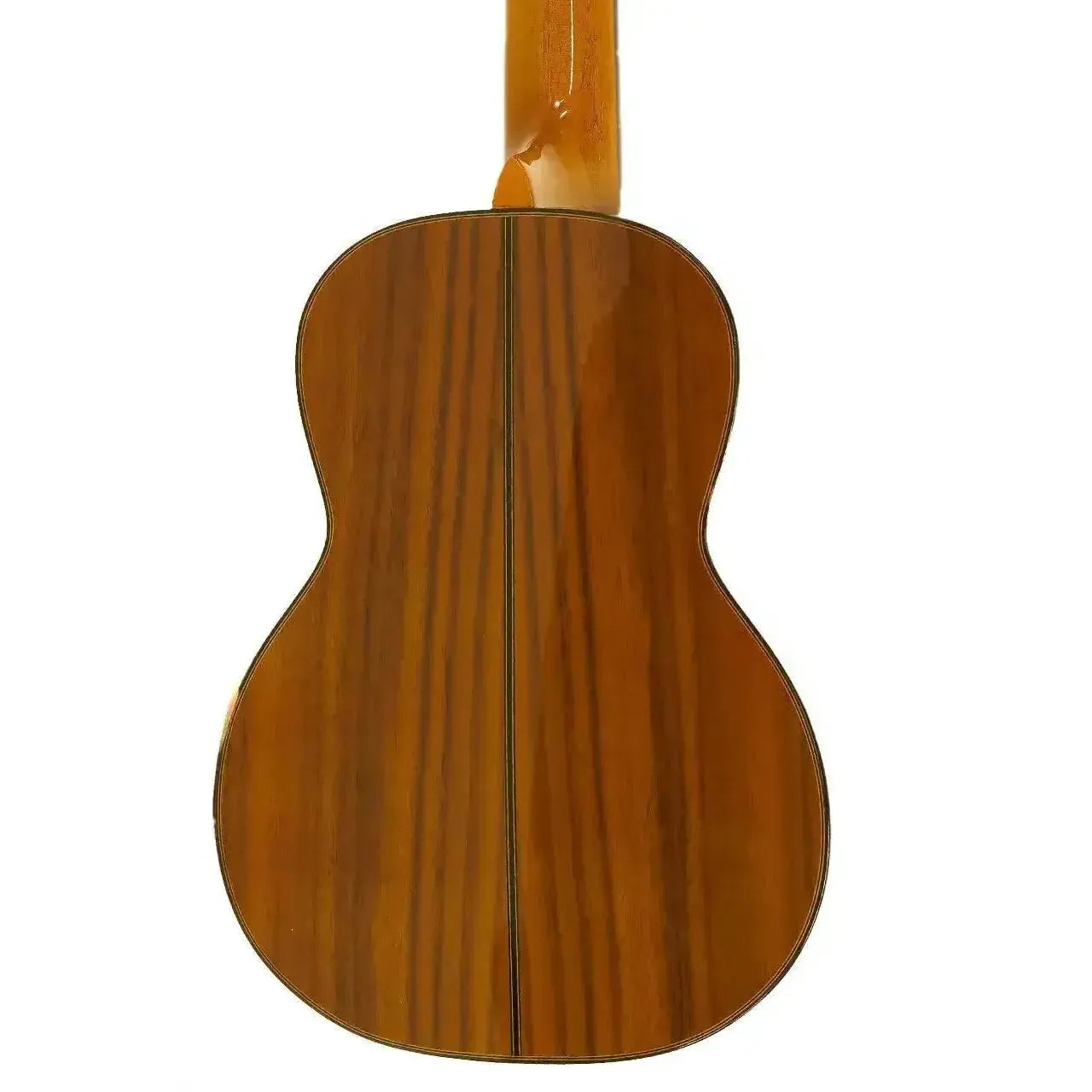 Ohana CK-270G Concert Ukulele back, solid acacia wood with dark grain and glossy finish.