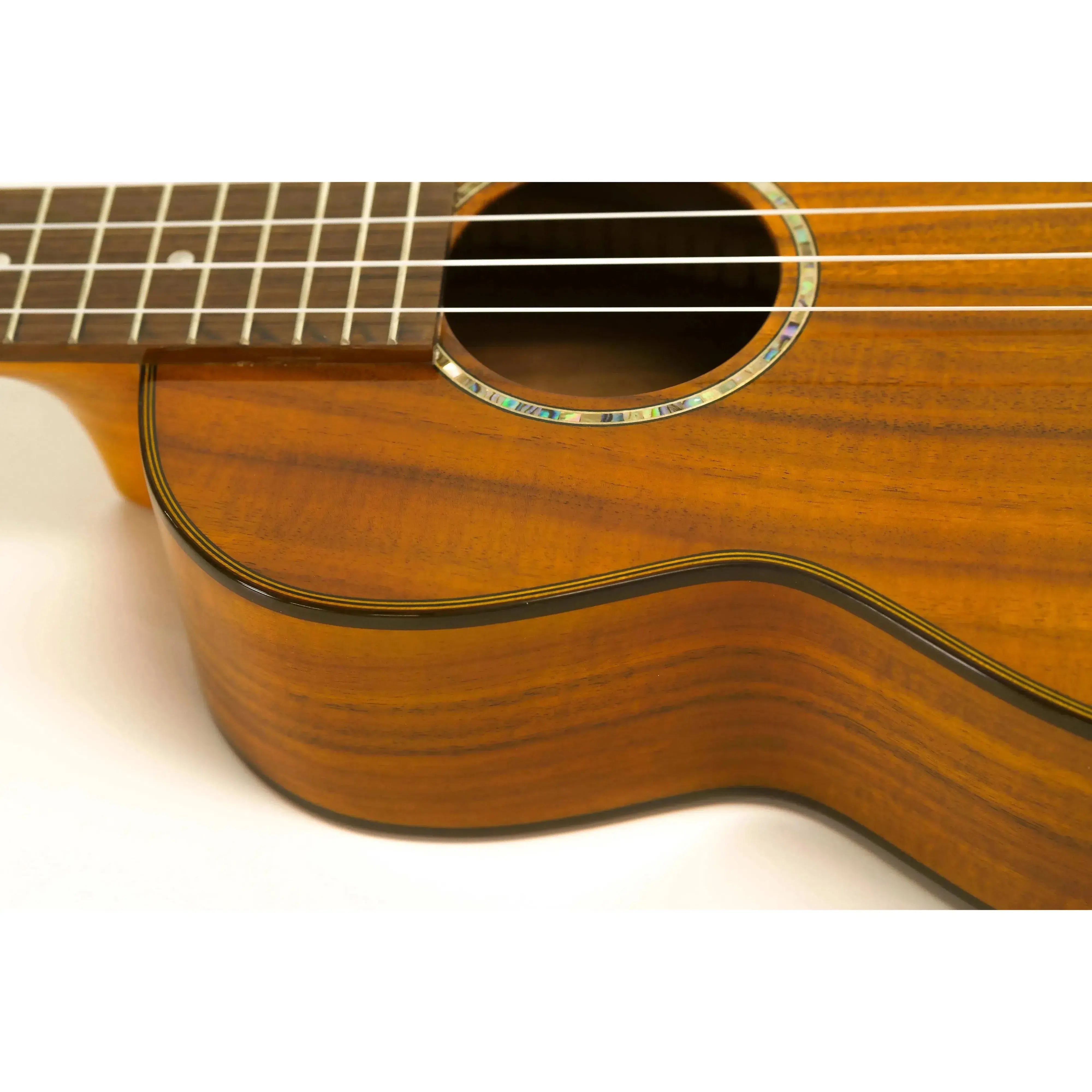 Ohana CK-270G concert ukulele body with solid acacia wood, glossy finish, mahogany binding, and abalone rosette.