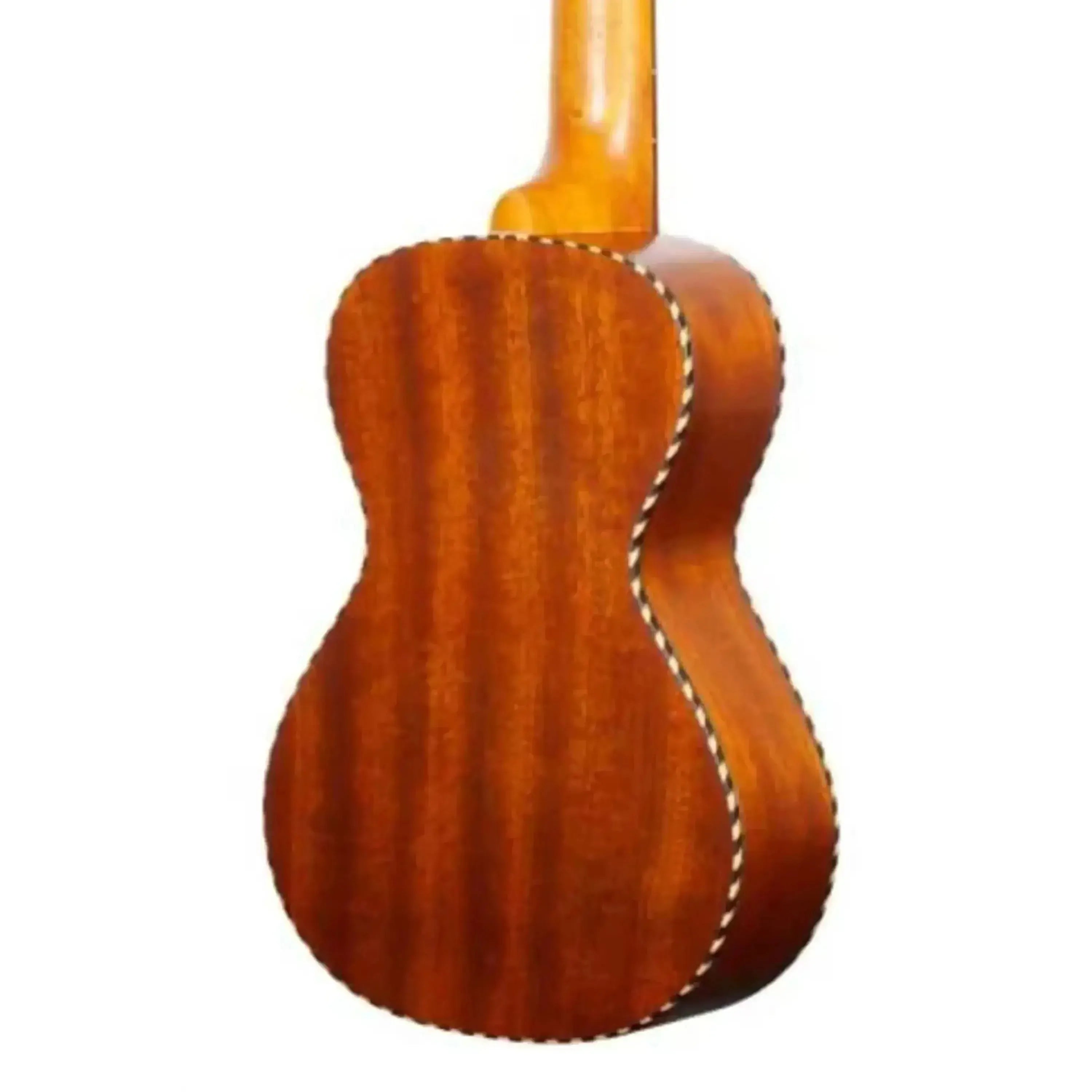 Back of an Ohana Vintage Line 28 Concert Ukulele, solid mahogany with classic rope binding.