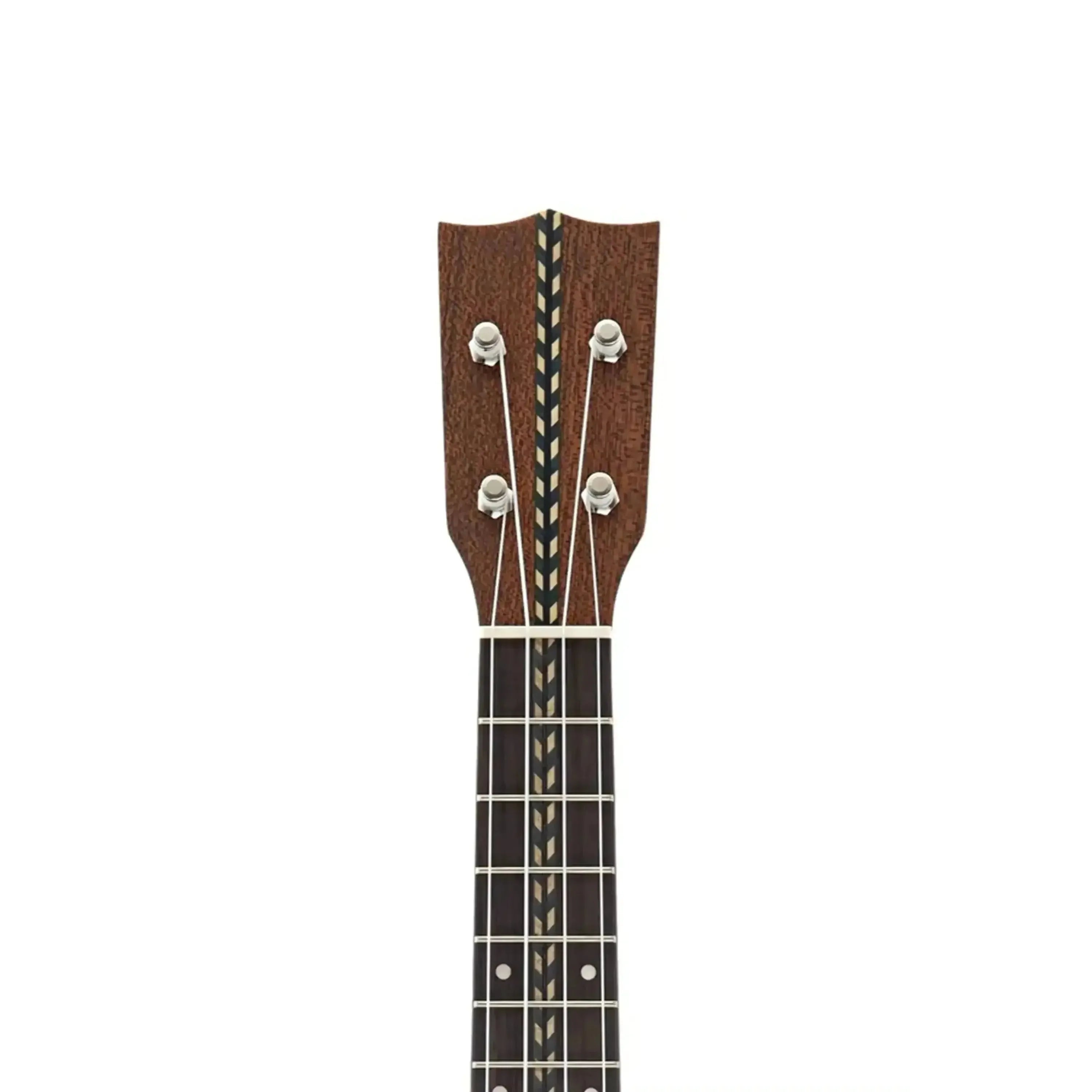 Ohana Vintage Line 28 Concert Ukulele headstock with chevron rope inlay, Gotoh tuners, and mahogany finish.