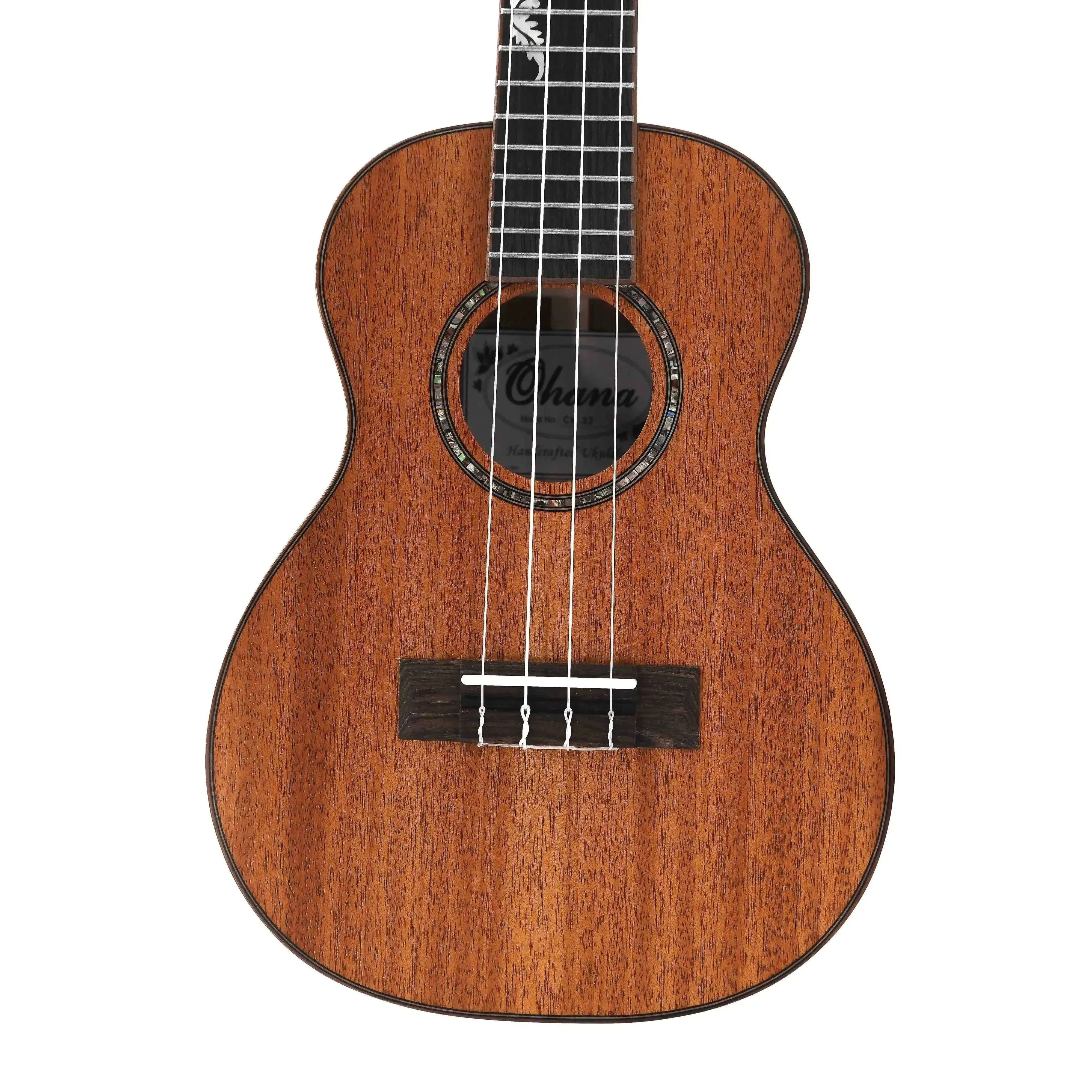 Ohana CK-32 solid mahogany concert ukulele with dark wood bridge, soundhole rosette, and fretboard inlay.