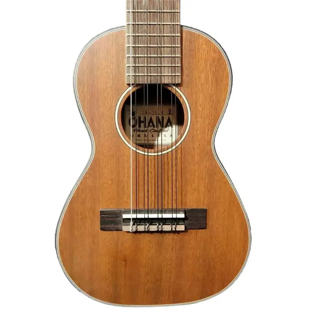 Ohana CK-35-8 8-string concert ukulele with solid mahogany body, satin finish, and dark hardwood bridge.