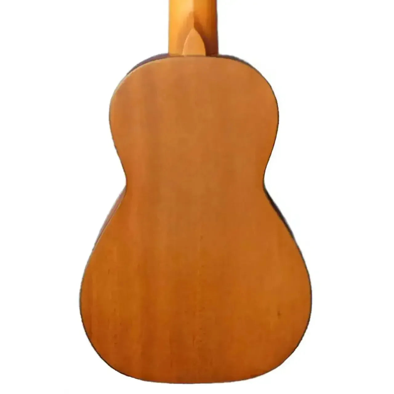 Back of an Ohana CK-35-8 8-string concert ukulele, showing its solid mahogany wood grain and satin finish.