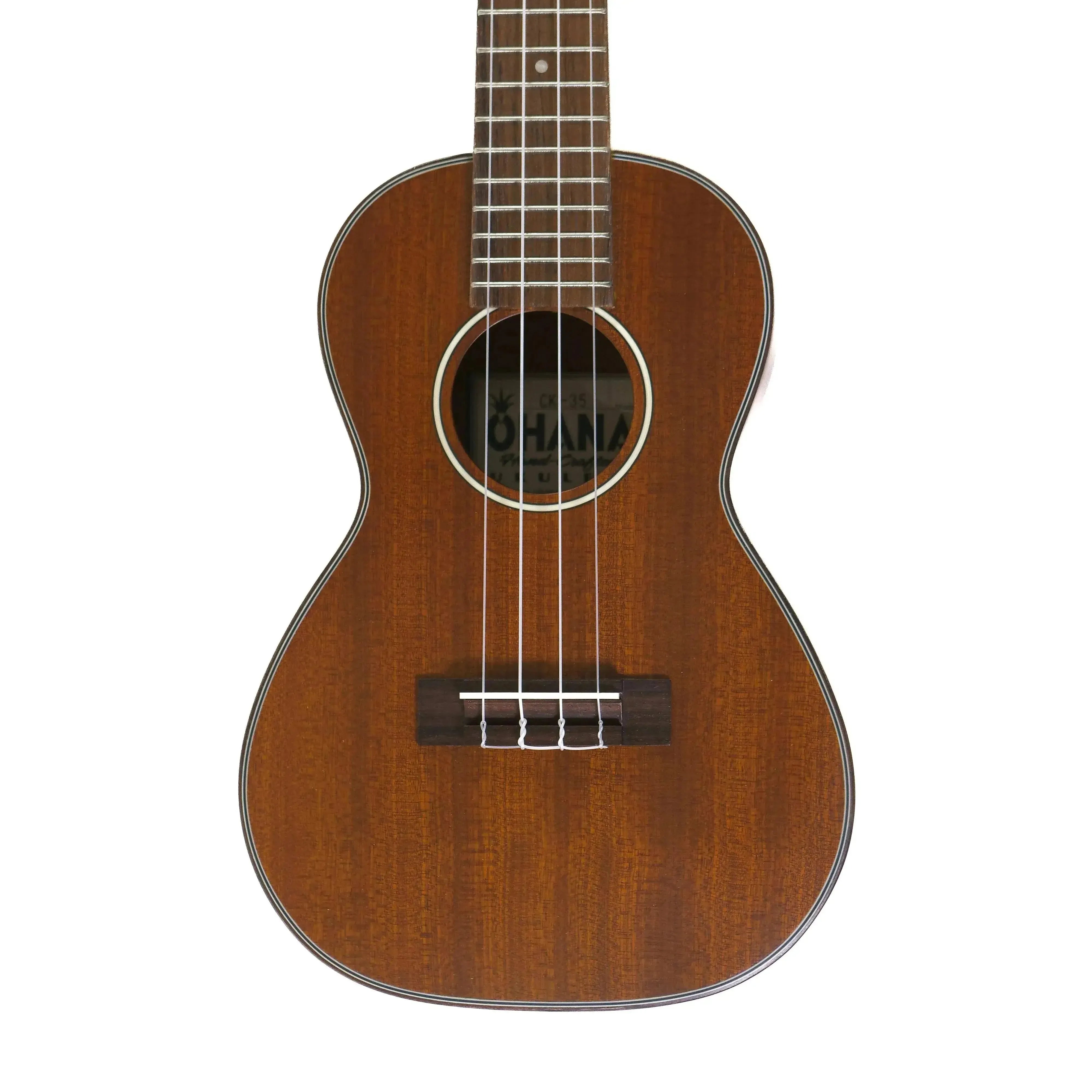 Ohana CK-35 solid mahogany concert ukulele with dark brown wood grain and white binding.