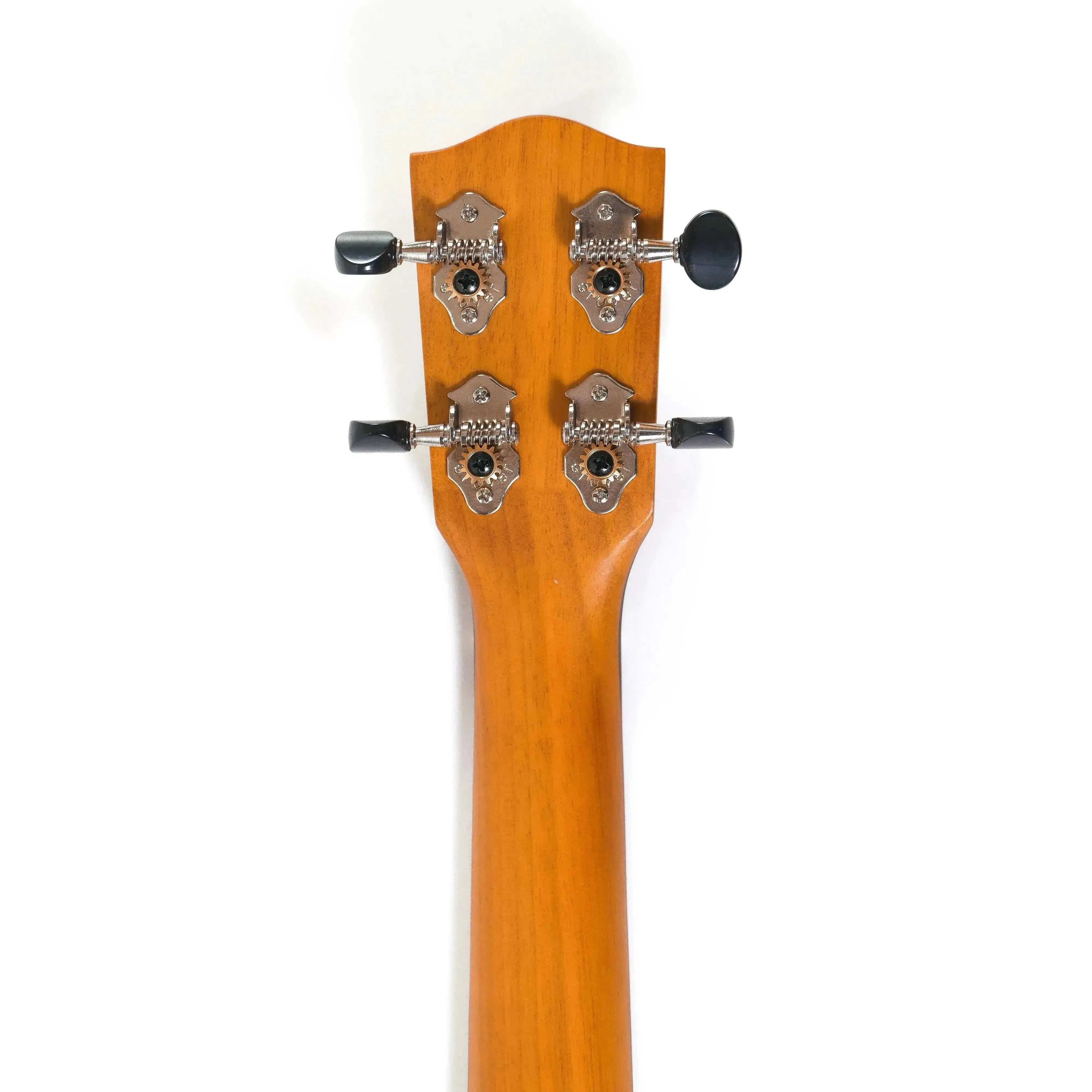 Back of Ohana CK-35 Solid Mahogany Concert Ukulele headstock with four black tuning pegs.