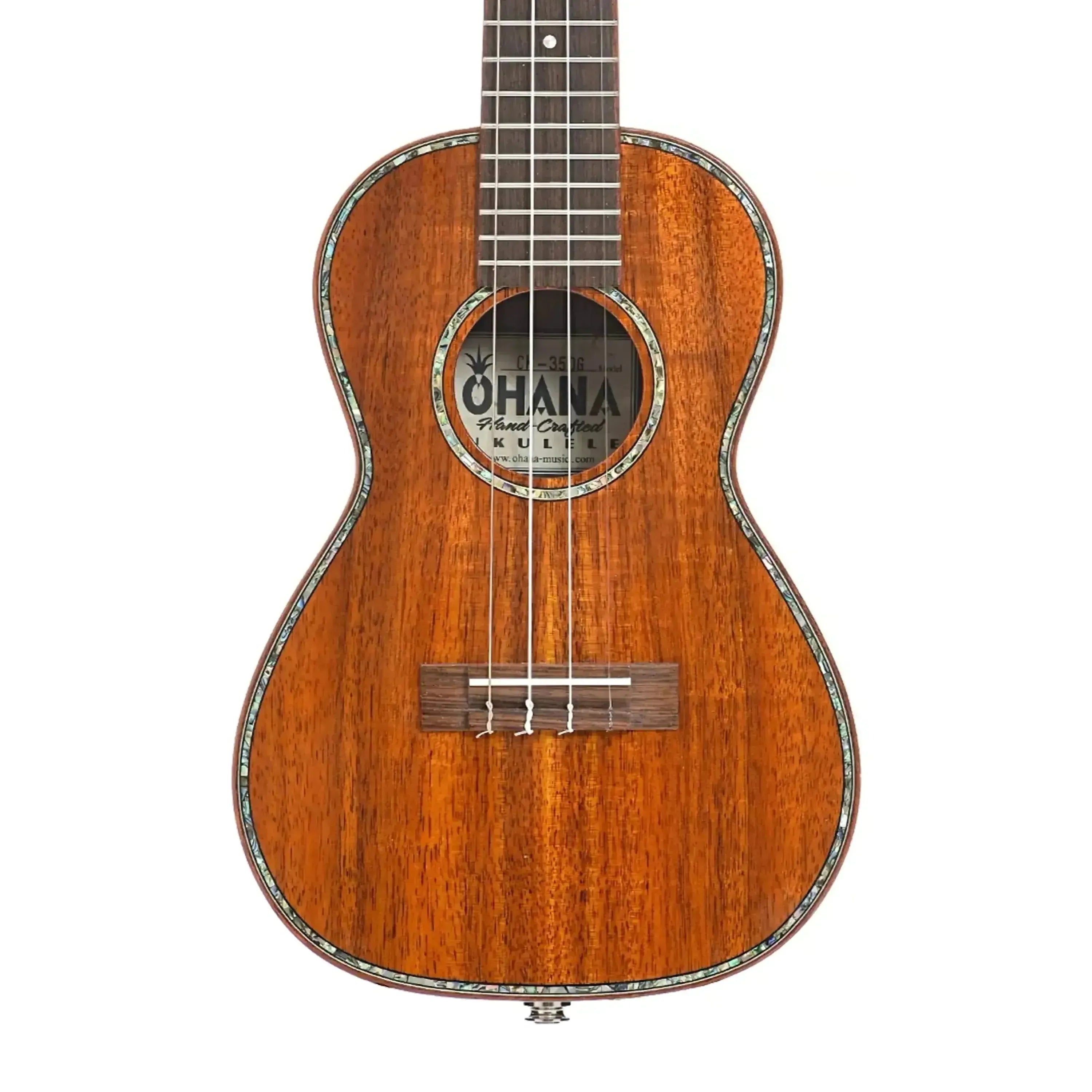 Ohana CK-350G Gloss Solid Koa Concert Ukulele with abalone trim and soundhole rosette.