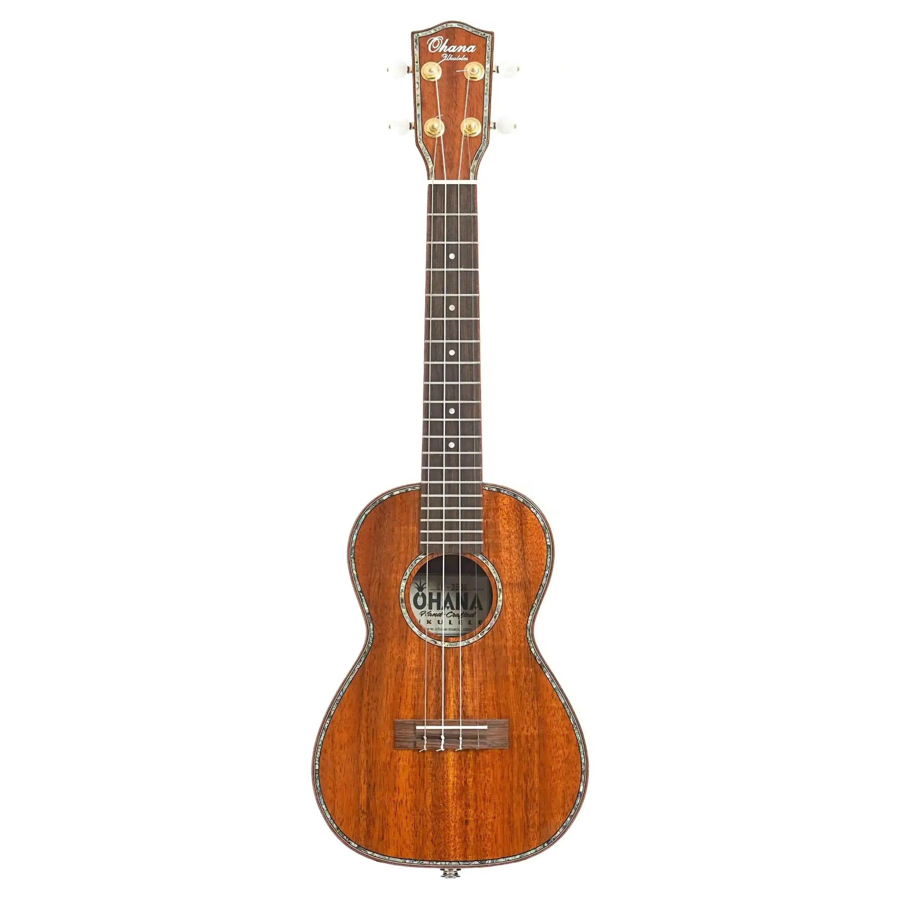 Ohana CK-350G Gloss Solid Koa Concert Ukulele with mahogany binding and abalone headstock.
