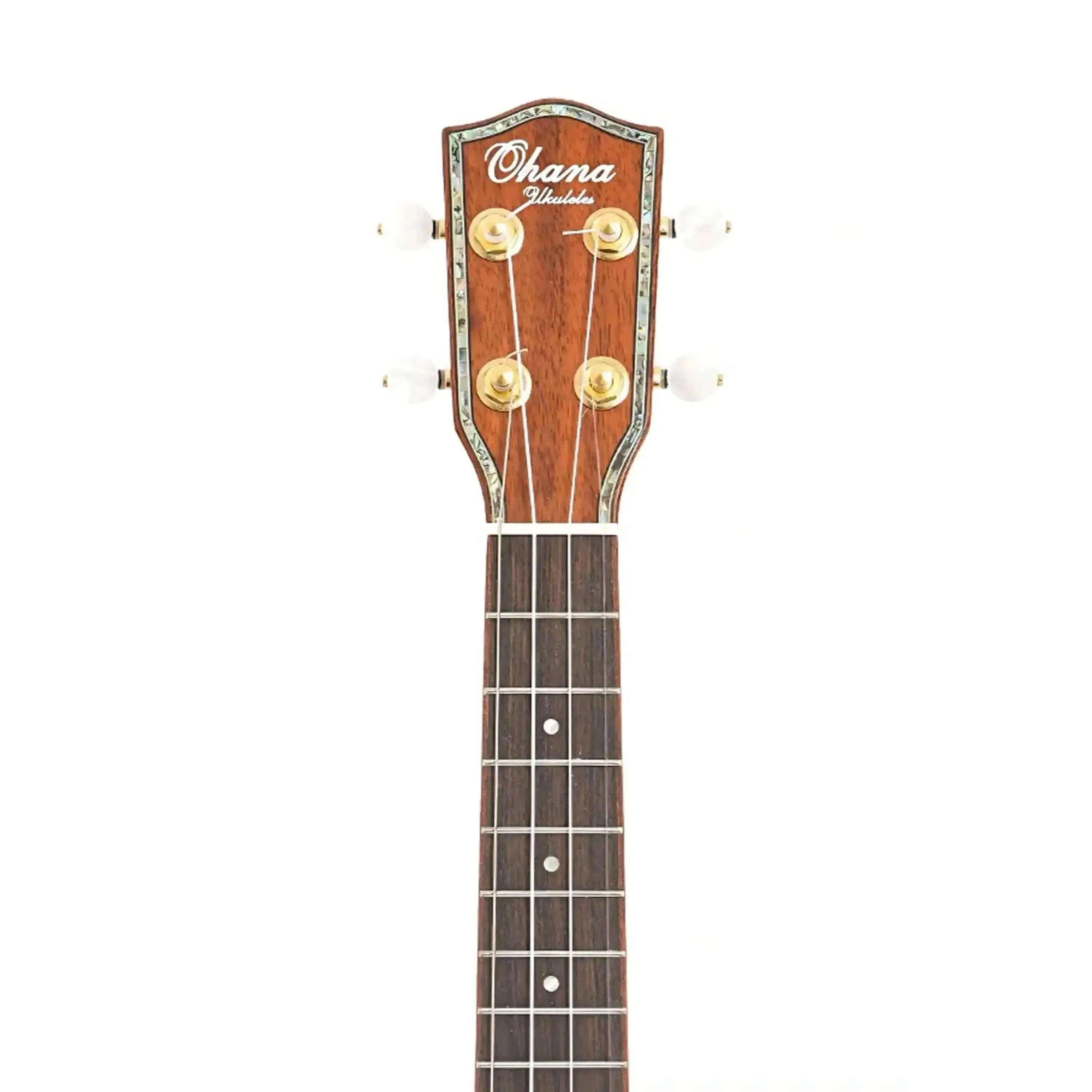 Ohana ukulele headstock with abalone inlay, gold tuners, and dark hardwood fretboard.