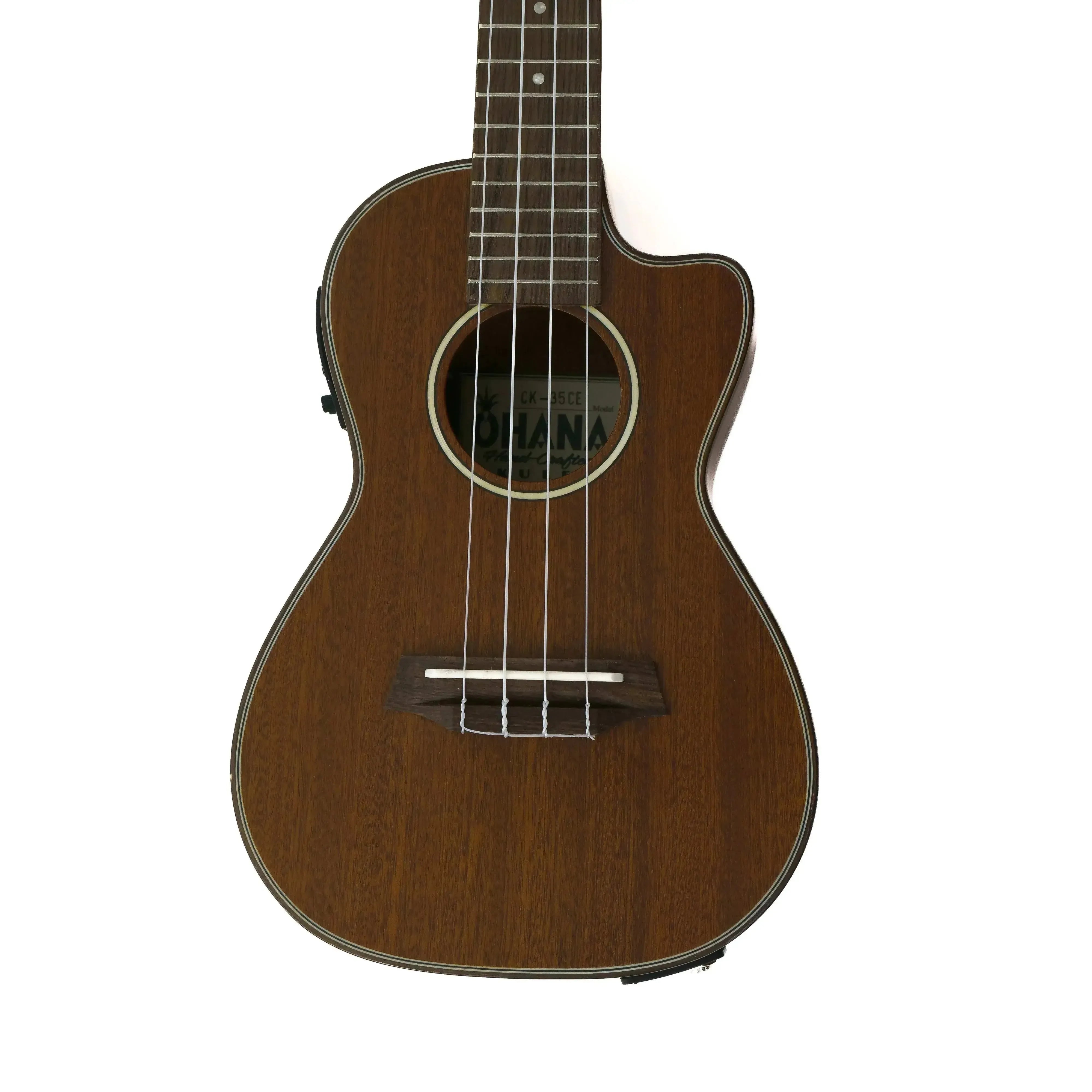 Ohana CK-35CE solid mahogany concert ukulele with cutaway and EQ, showing its dark wood grain.