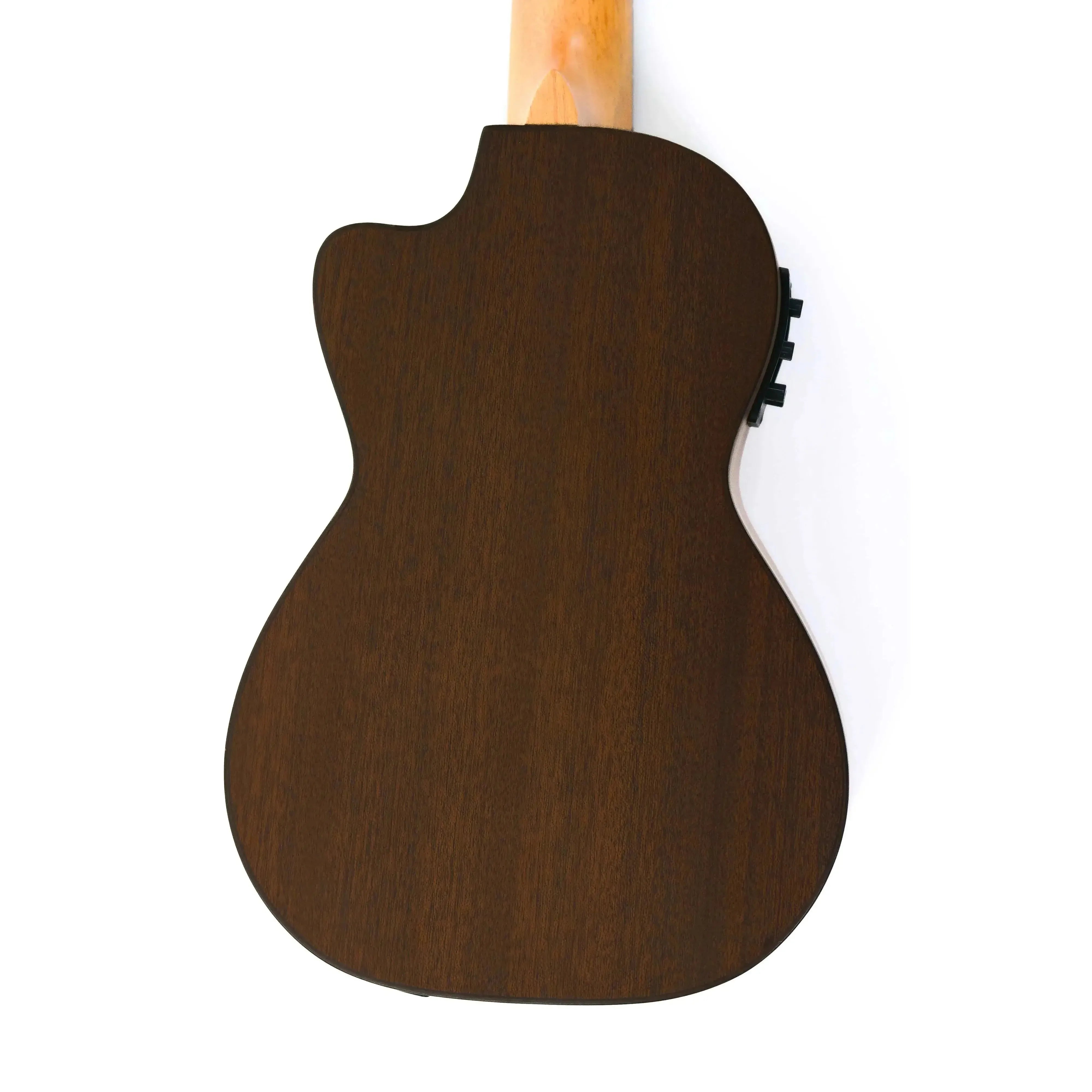 Ohana CK-35CE solid mahogany concert ukulele back with cutaway and EQ controls.