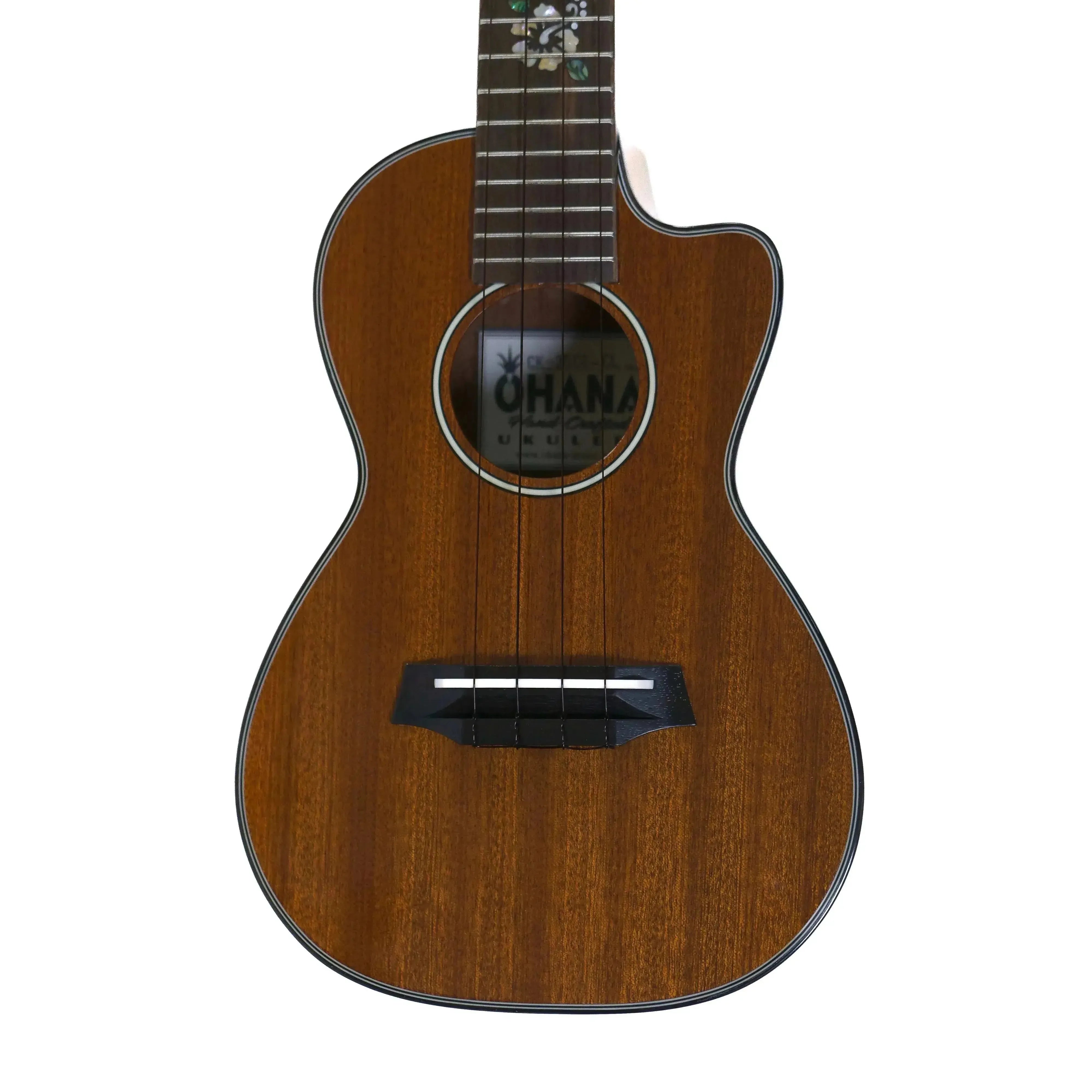 Ohana CK-35CG-CL Concert Ukulele, solid mahogany body, gloss finish, black binding, cutaway design.