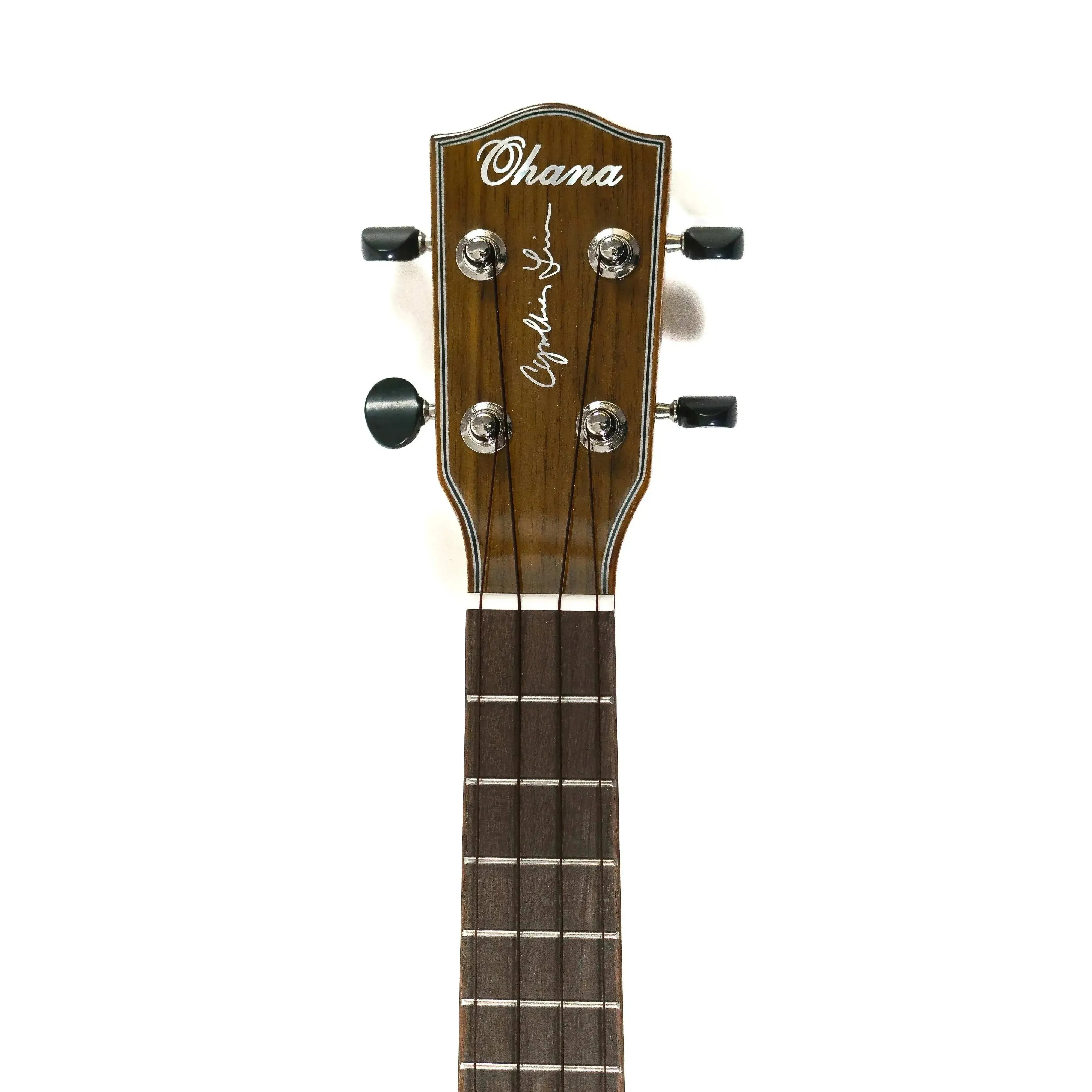 Ohana CK-35CG-CL Concert Ukulele headstock with Cynthia Lin signature, mahogany wood, and Grover tuners.