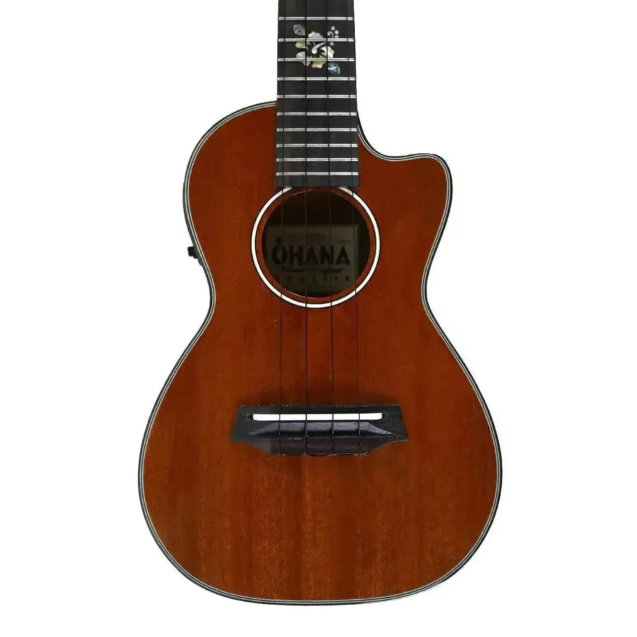 Ohana CK-35CGE-CL Cynthia Lin Concert Ukulele with solid mahogany body, cutaway, and floral fretboard inlay.