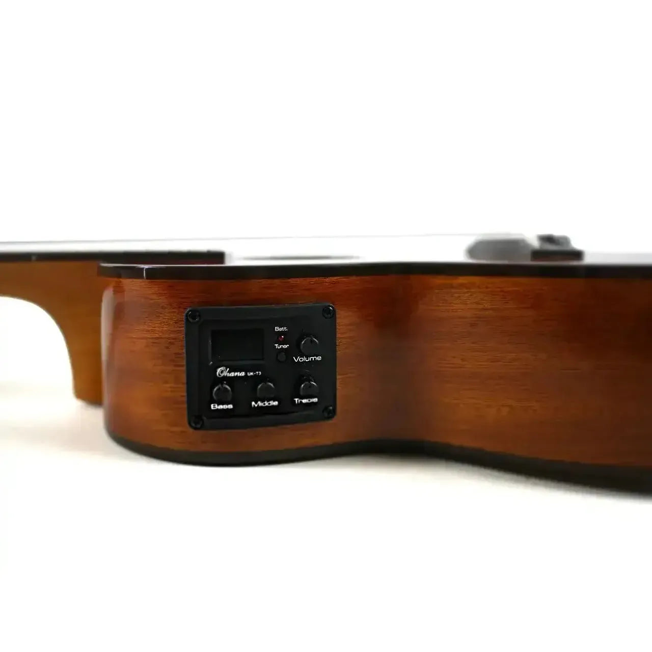 Ohana CK-35CGE-CL Cynthia Lin Concert Ukulele's solid mahogany body with black pickup controls.