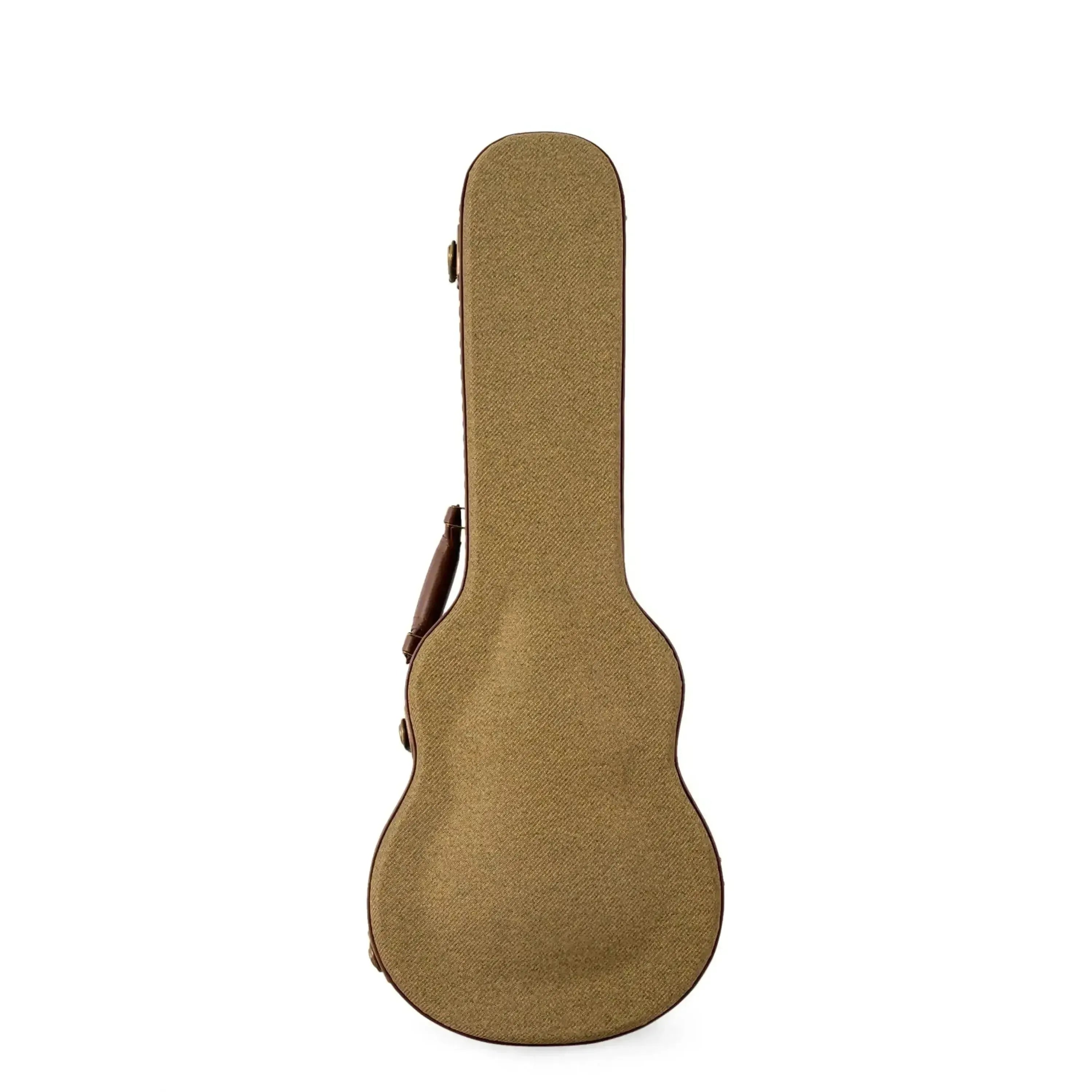 Brown tweed ukulele hard case with leather trim and handle.