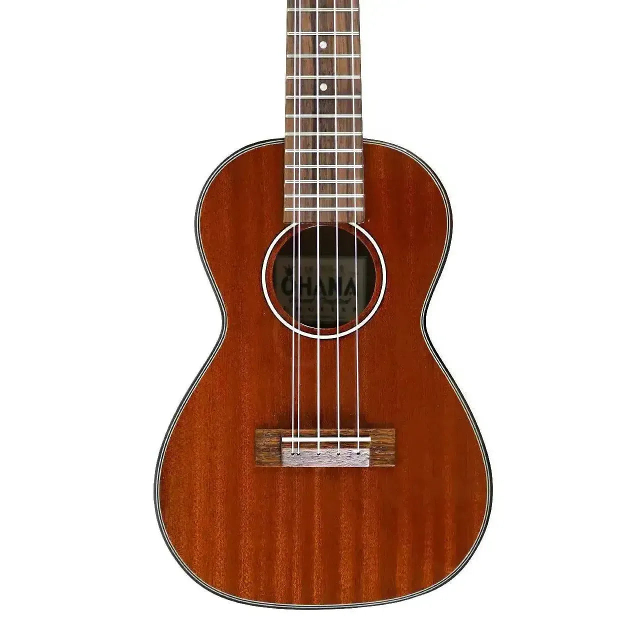 Ohana CK-35G-5 5-string concert ukulele, solid mahogany with a glossy finish and white binding.