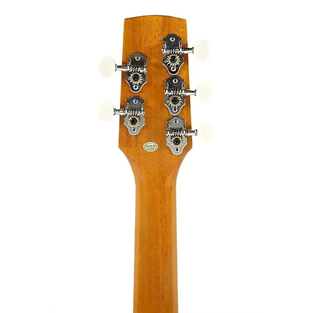 Back of Ohana CK-35G-5 5-string concert ukulele headstock and mahogany neck with six chrome tuners.