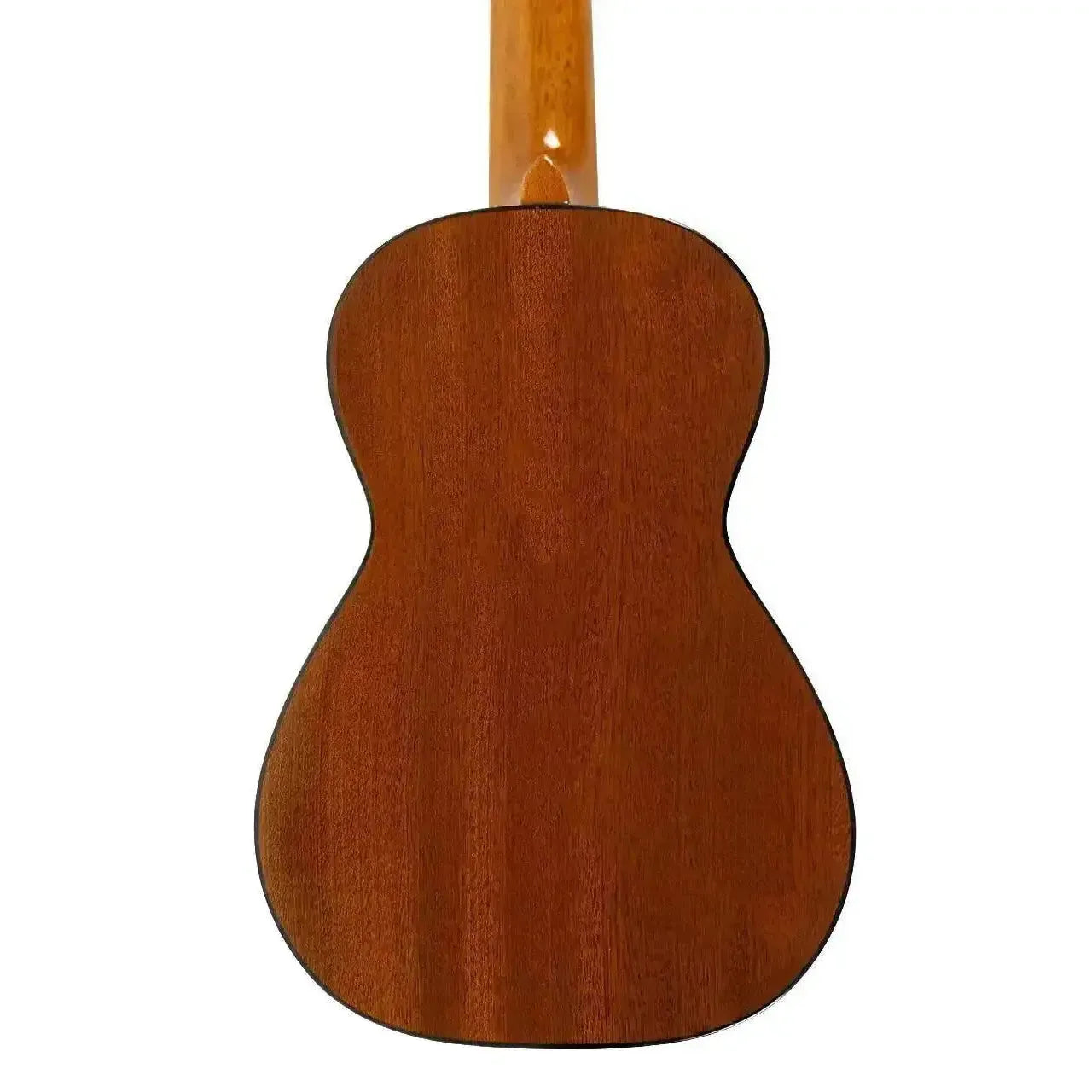 Back of an Ohana CK-35G Gloss Solid Mahogany Concert Ukulele, showing its rich brown wood grain.