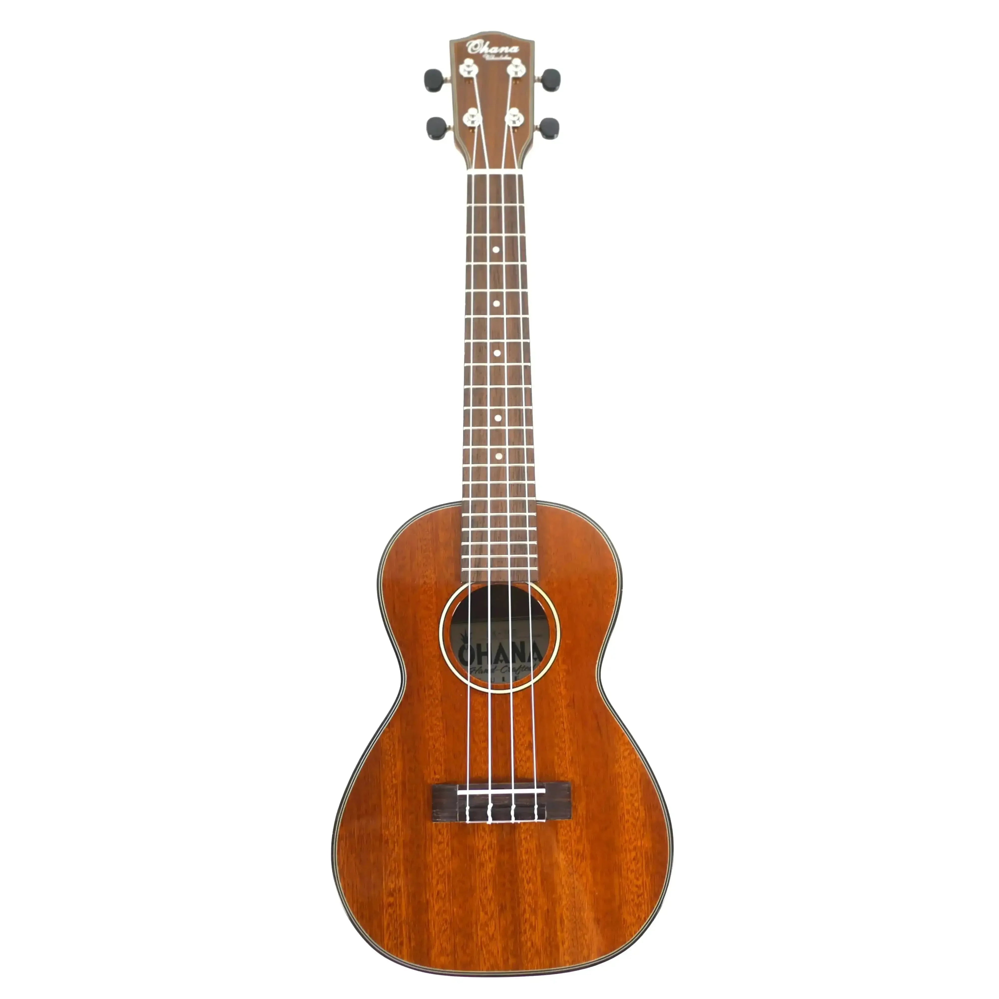 Ohana CK-35G Gloss Solid Mahogany Concert Ukulele with dark wood body and fretboard.