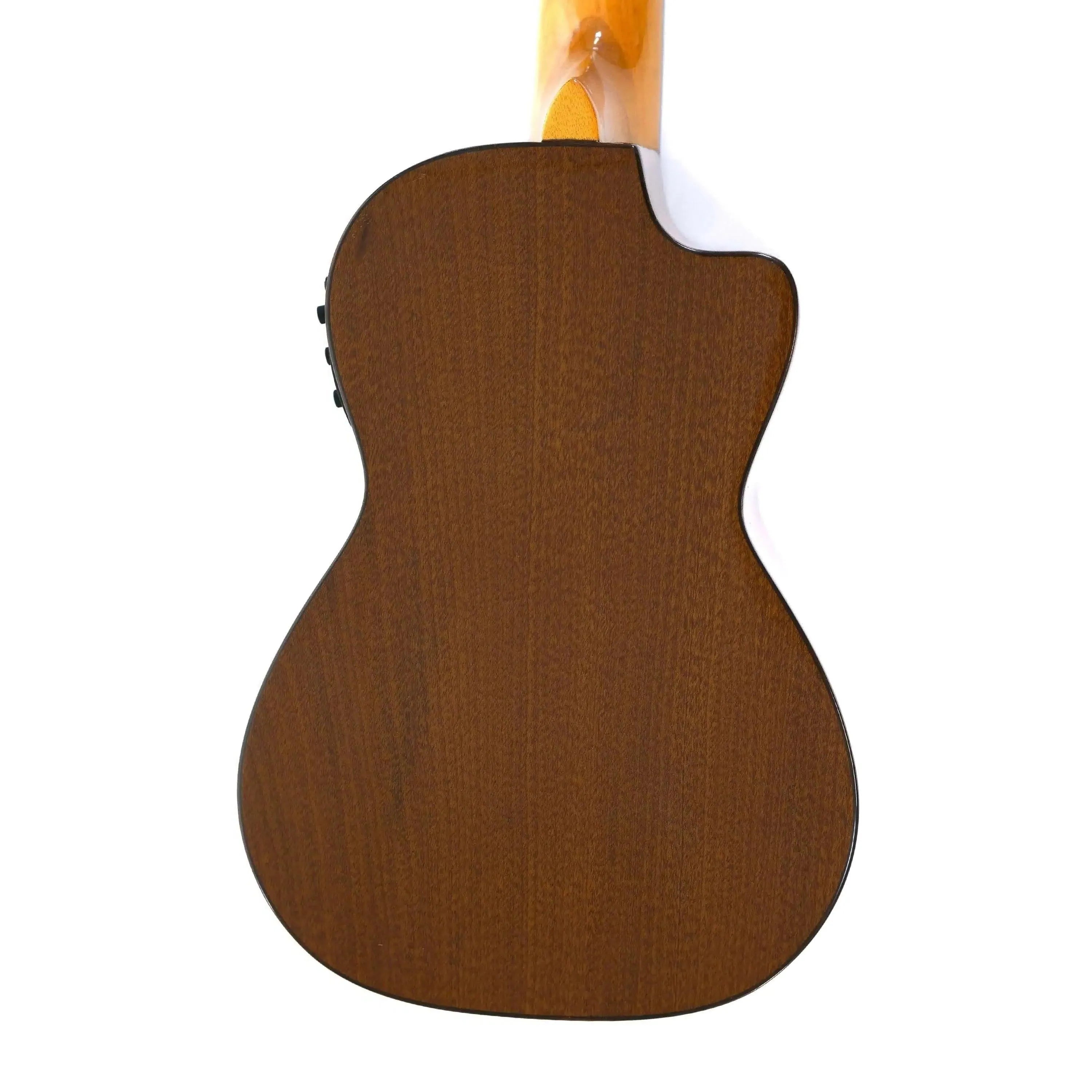Back of an Ohana CK-35GCE-LH left-handed solid mahogany concert ukulele with a cutaway.