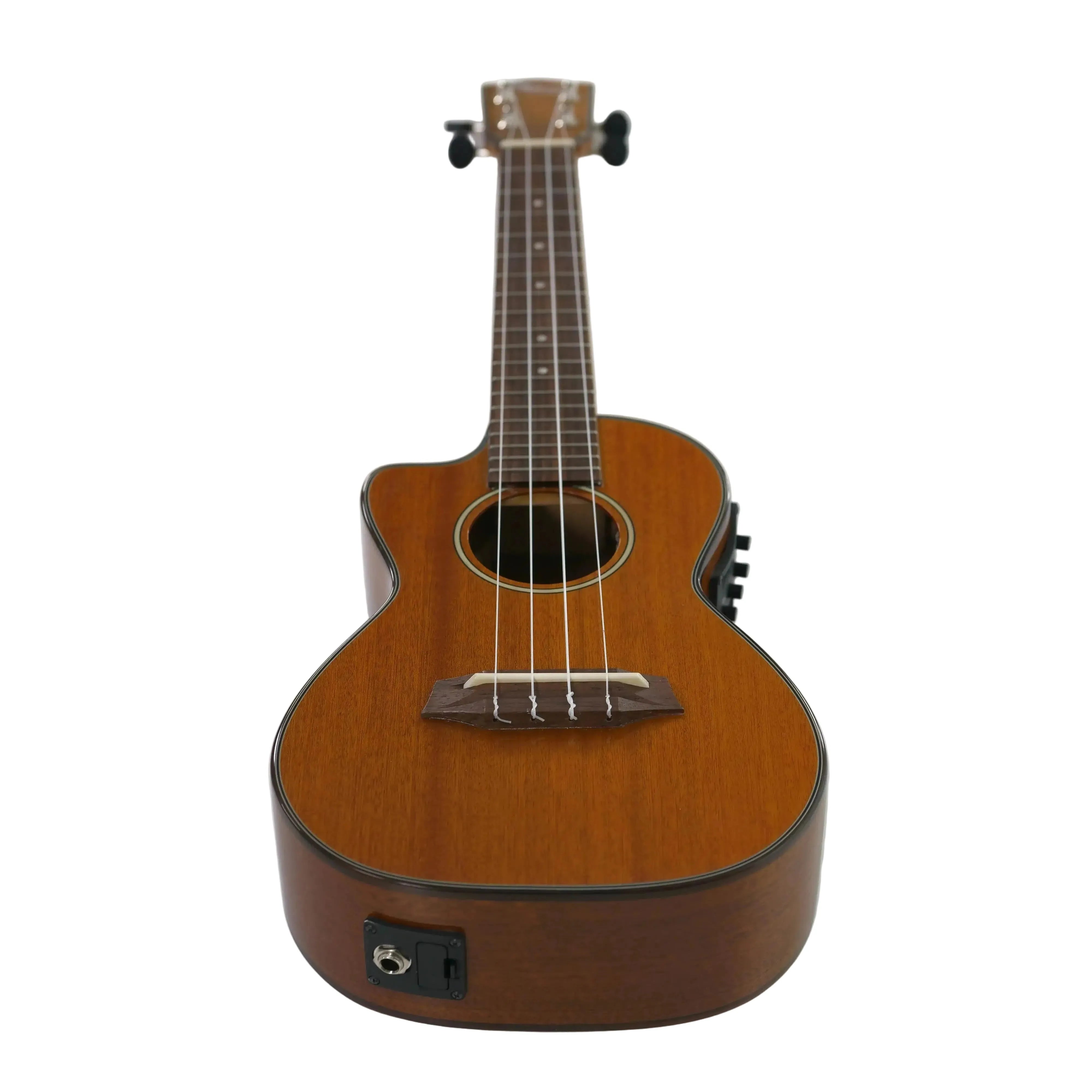 Ohana CK-35GCE-LH left-handed solid mahogany concert ukulele with cutaway and pickup.