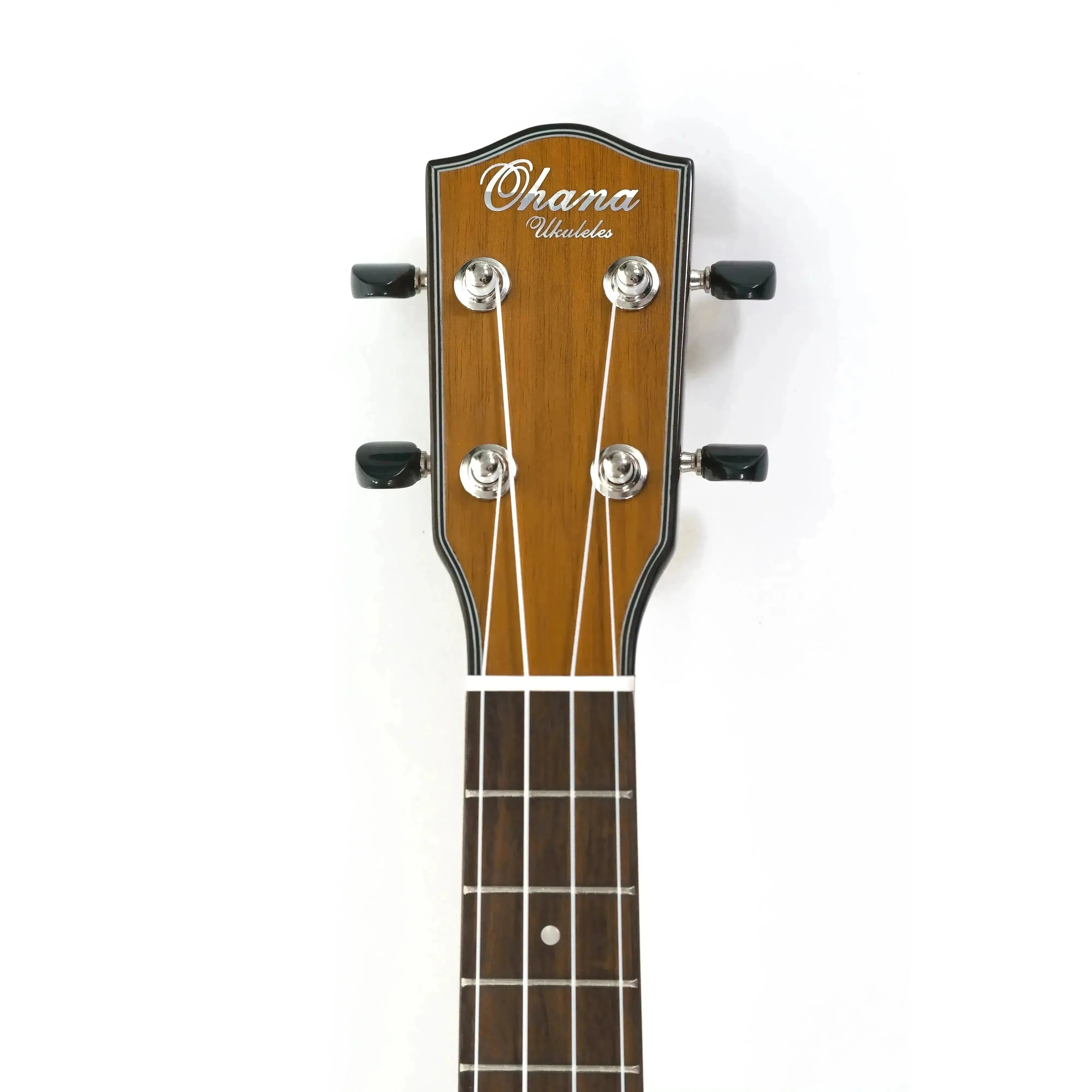 Ohana CK-35GCE Concert Ukulele headstock with solid mahogany, gloss finish, and Grover tuners.