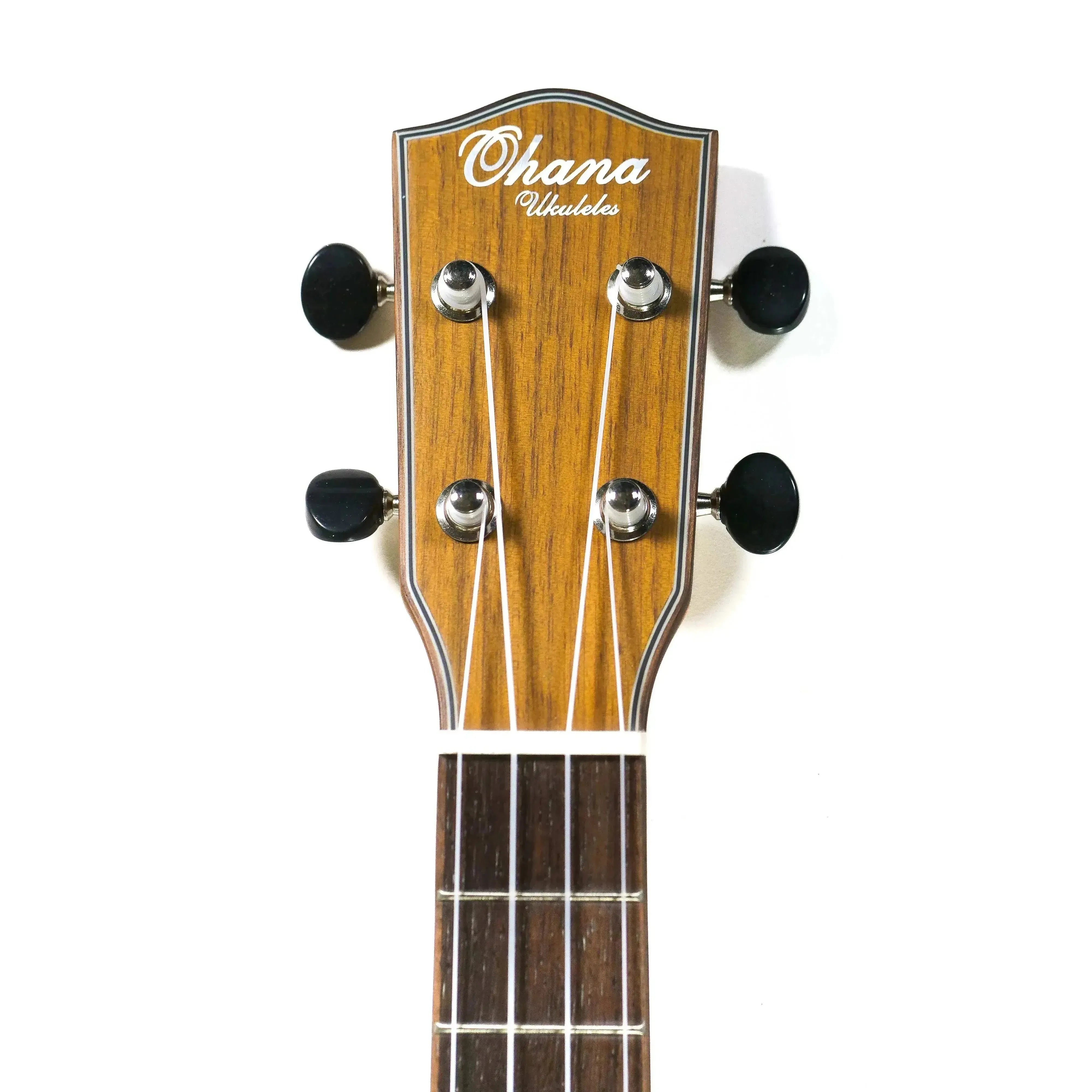Ohana CK-35L longneck concert ukulele headstock with solid mahogany, Grover tuners, and logo.
