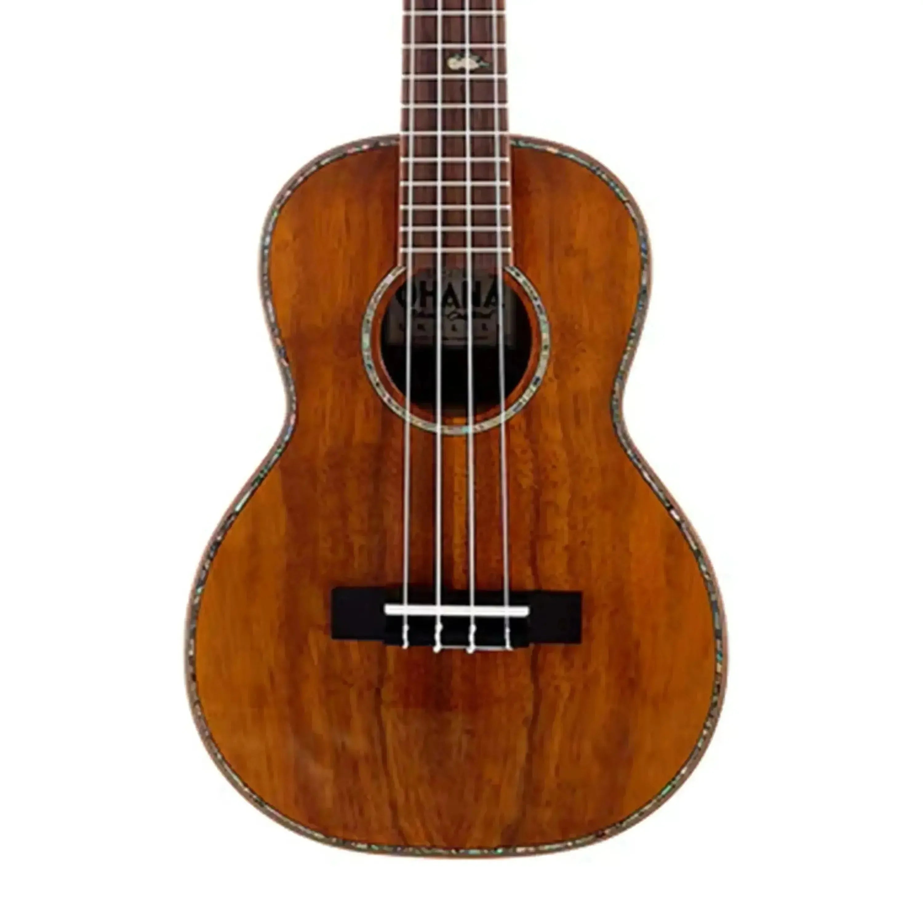 Ohana CK-370G Gloss Solid Koa Concert Ukulele with abalone inlays and dark wood grain.