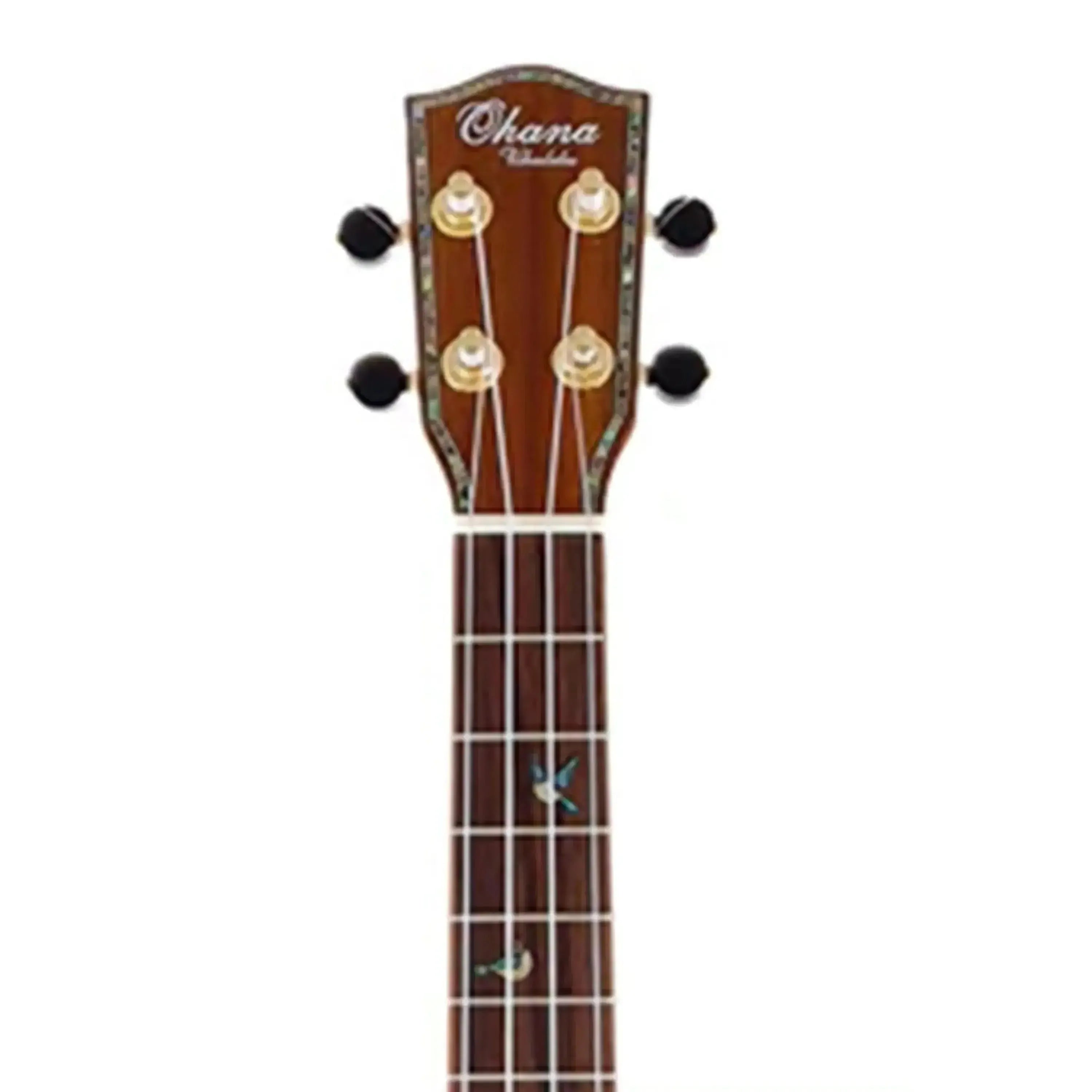 Ohana CK-370G Concert Ukulele headstock and fretboard with abalone inlays and gold tuners.