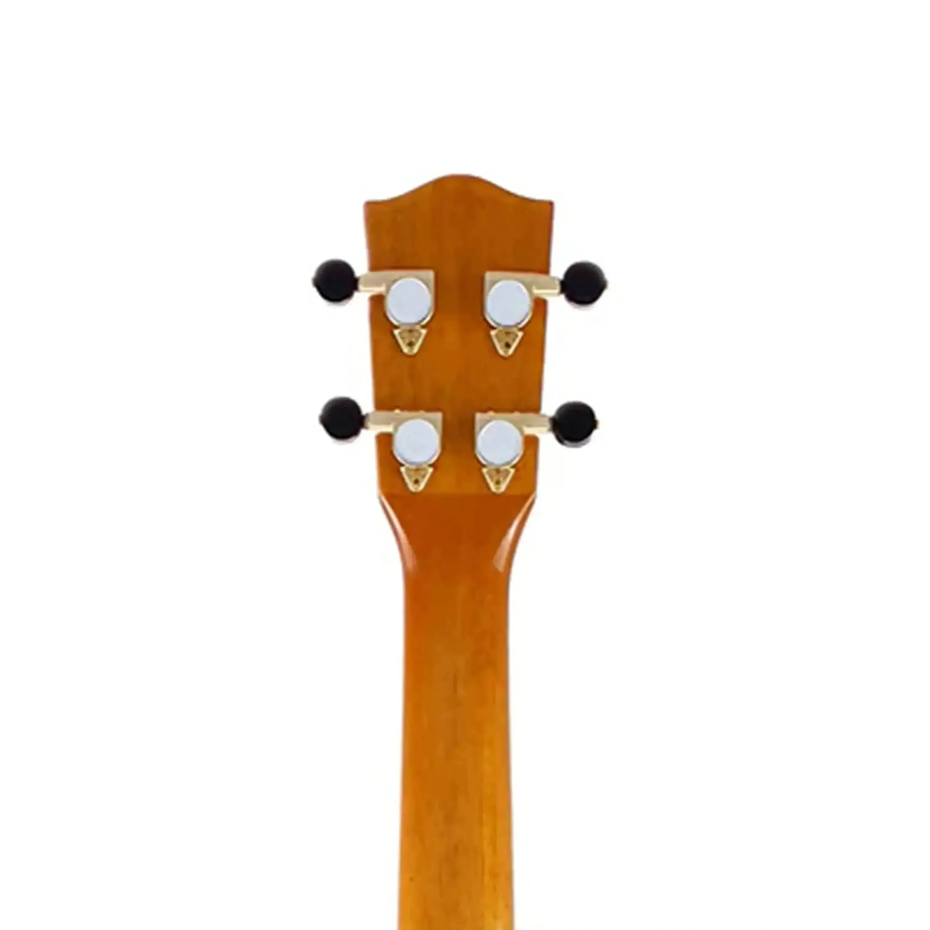 Ohana CK-370G Concert Ukulele headstock and neck, showing gold tuners with black buttons.