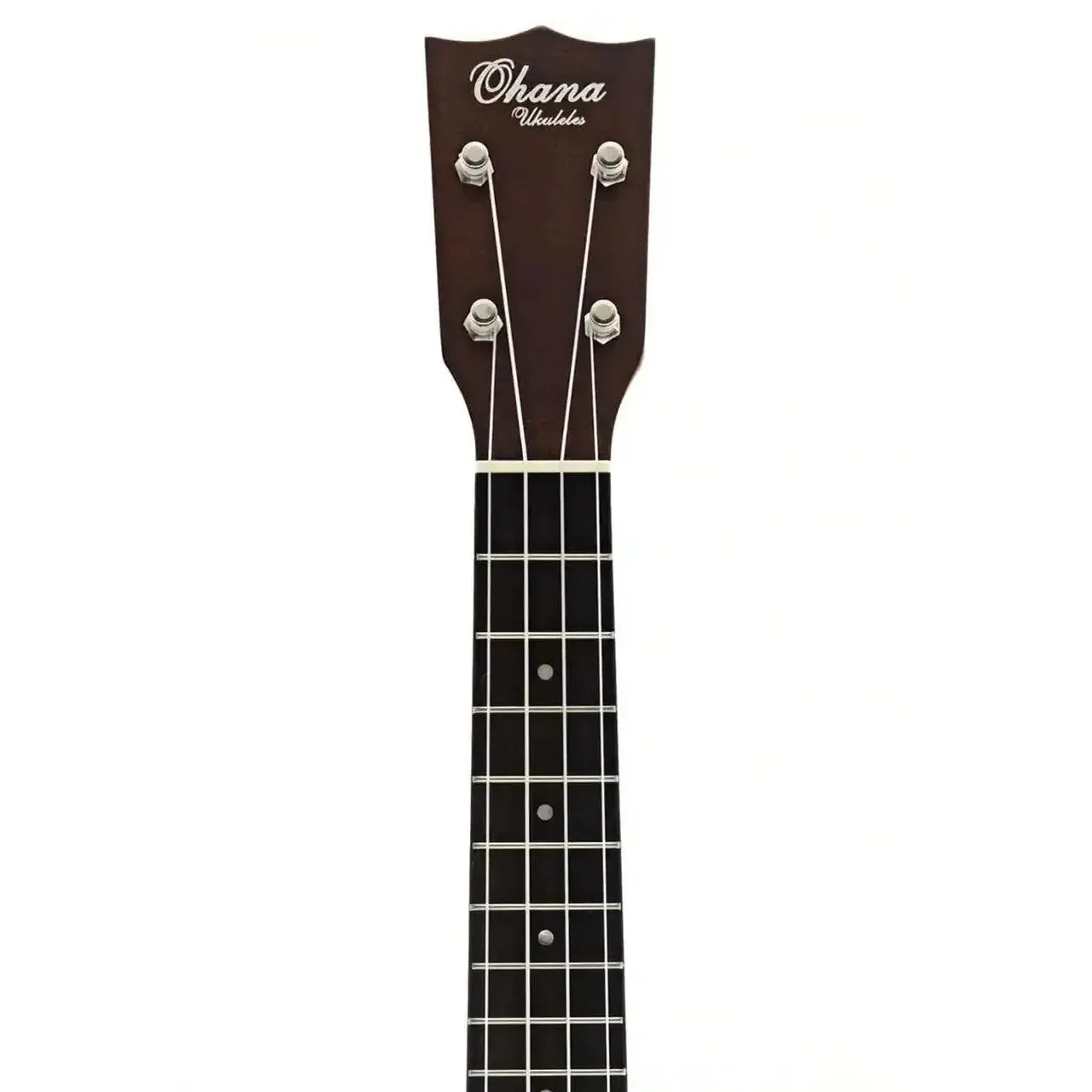 Ohana CK-38 Concert Ukulele headstock and fretboard, dark mahogany with "Ohana Ukuleles" logo.