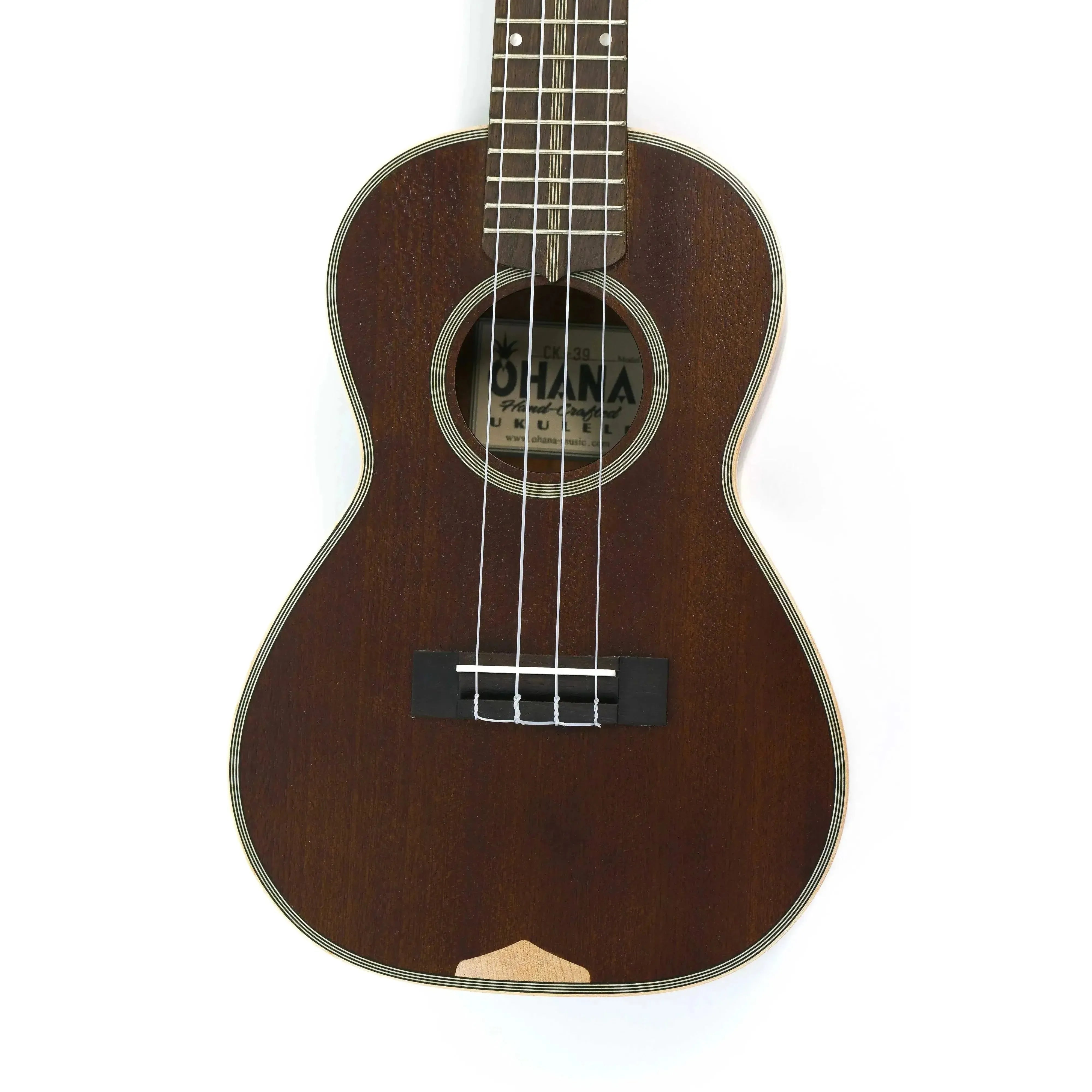 Ohana CK-39 Vintage Line solid mahogany concert ukulele with multi-black and white rosette.