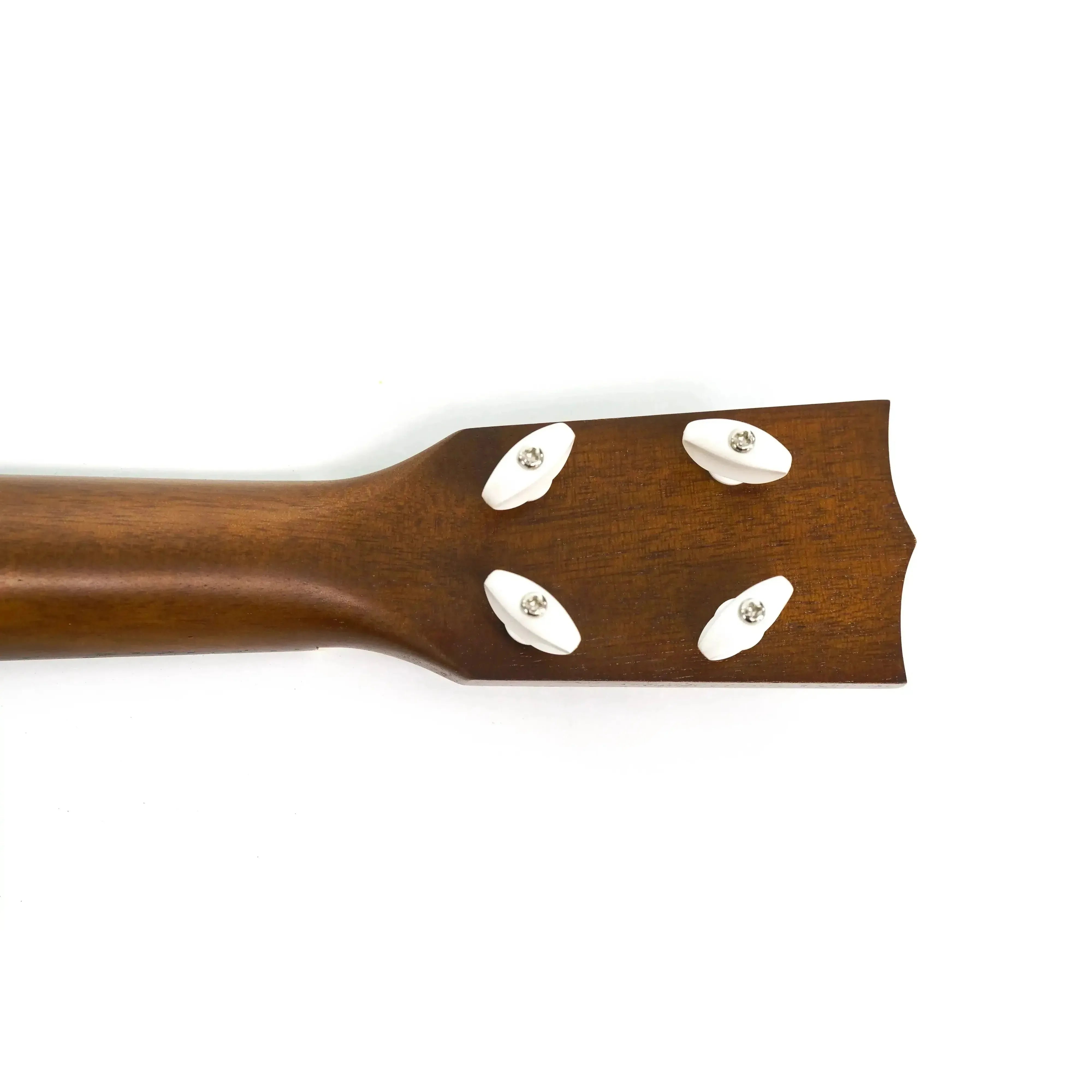 Ohana CK-39 Vintage Line concert ukulele headstock with dark mahogany wood and four white Gotoh friction tuners.
