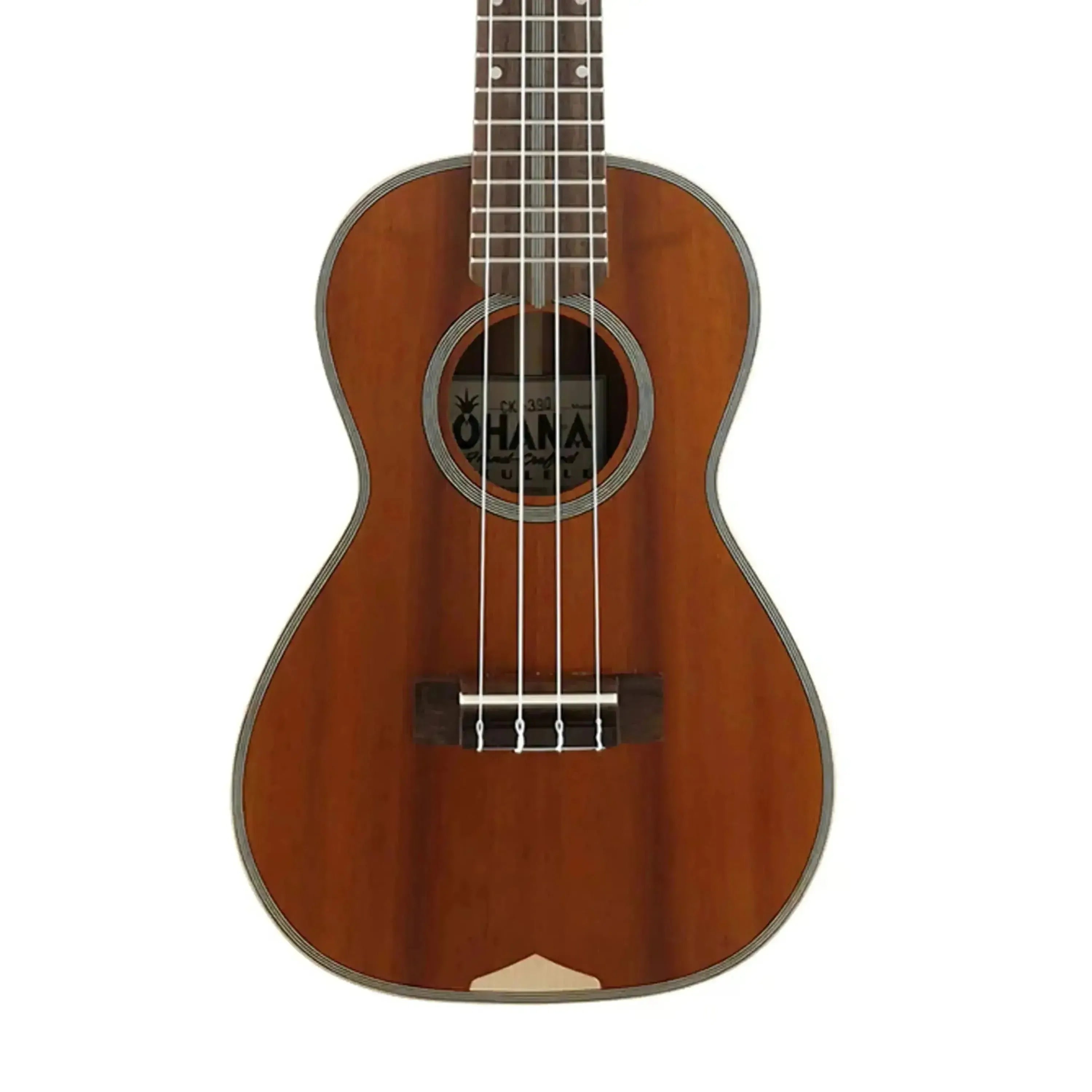 Ohana CK-390 Concert Ukulele with solid Hawaiian koa body, maple binding, and soundhole rosette.