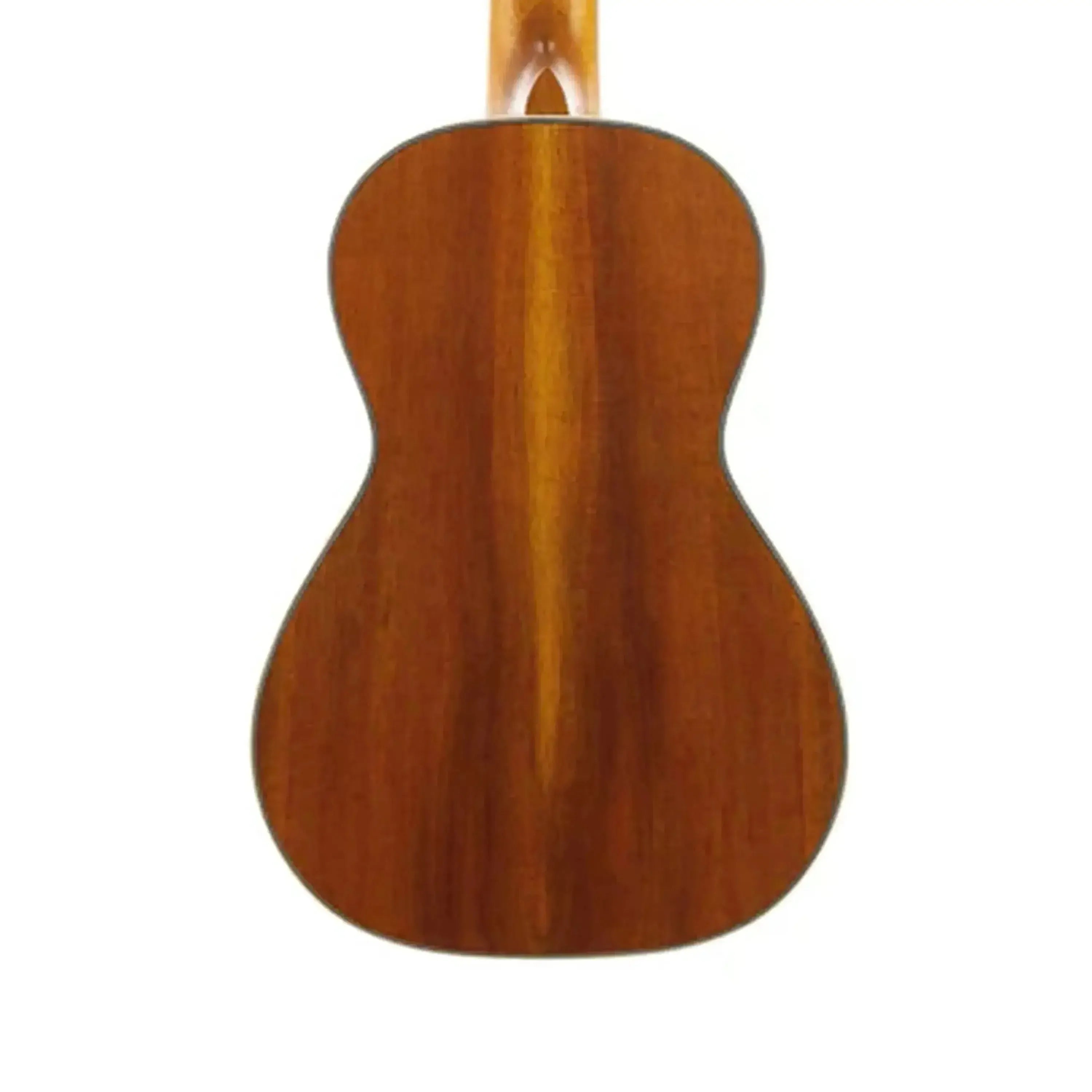 Back of an Ohana CK-390 Concert Ukulele, showing solid Hawaiian koa wood with vintage satin finish.