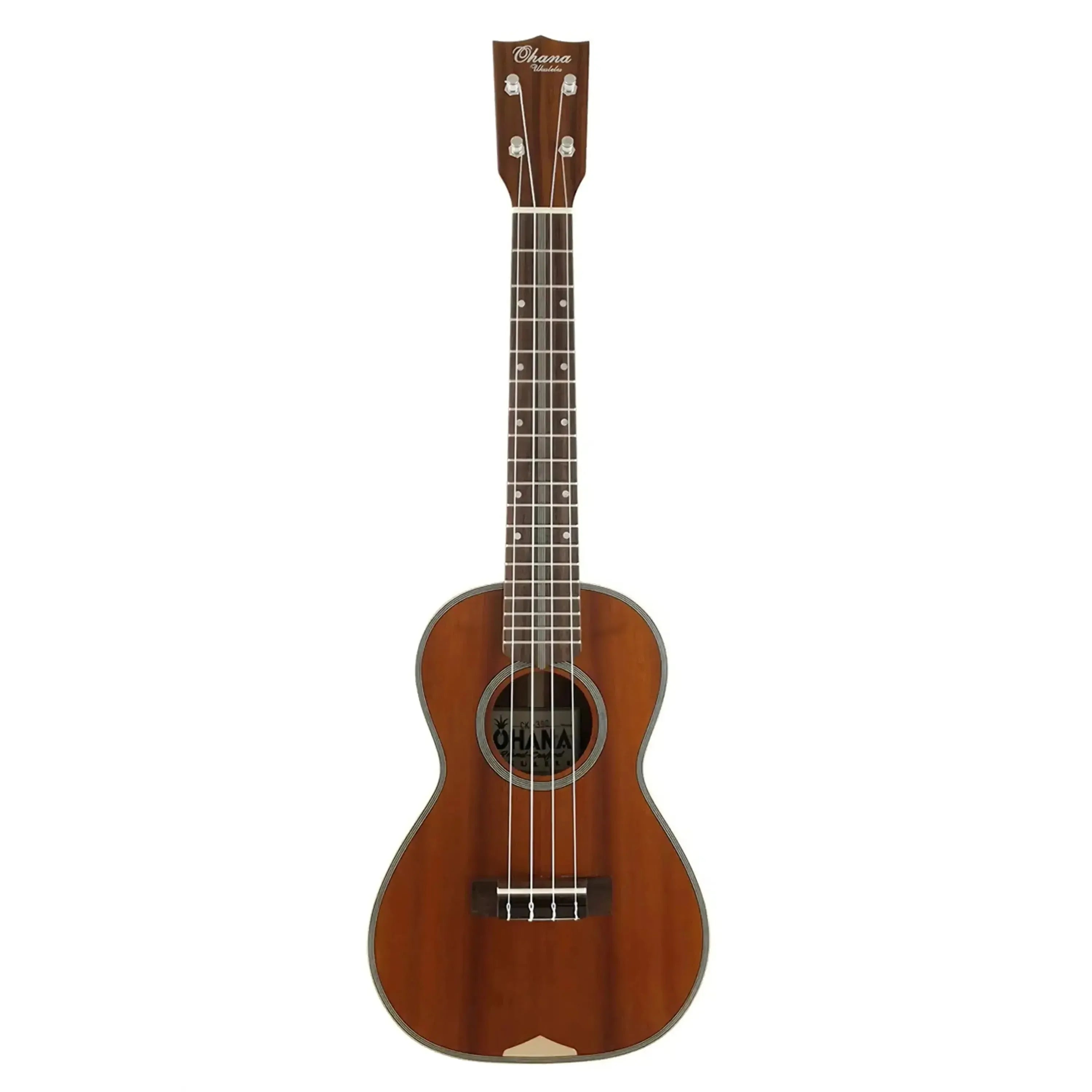 Ohana CK-390 Concert Ukulele with solid Hawaiian koa body, maple binding, and satin finish.