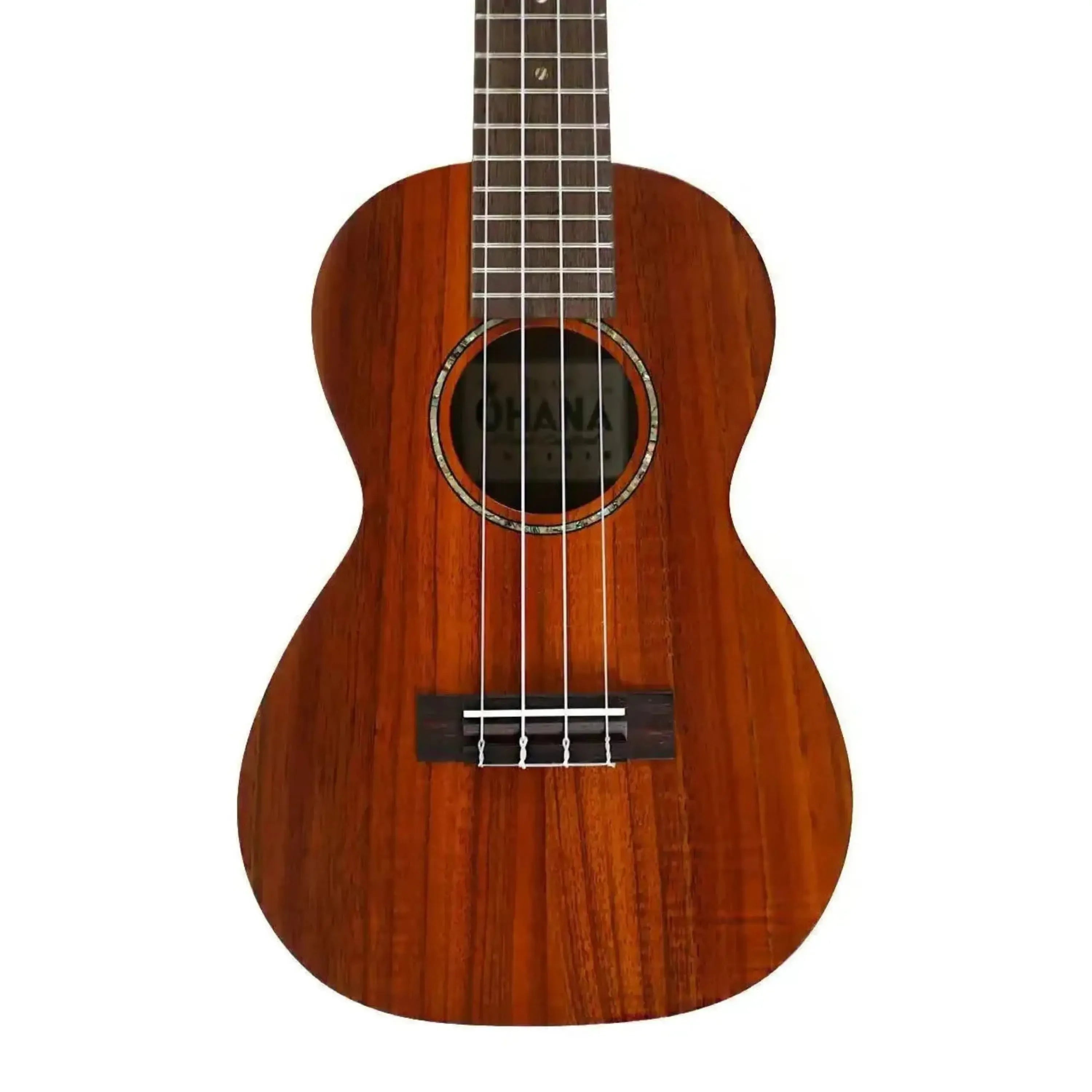Ohana CK-450 Limited Edition solid koa concert ukulele with a satin finish, slotted headstock, and rosegold tuners.